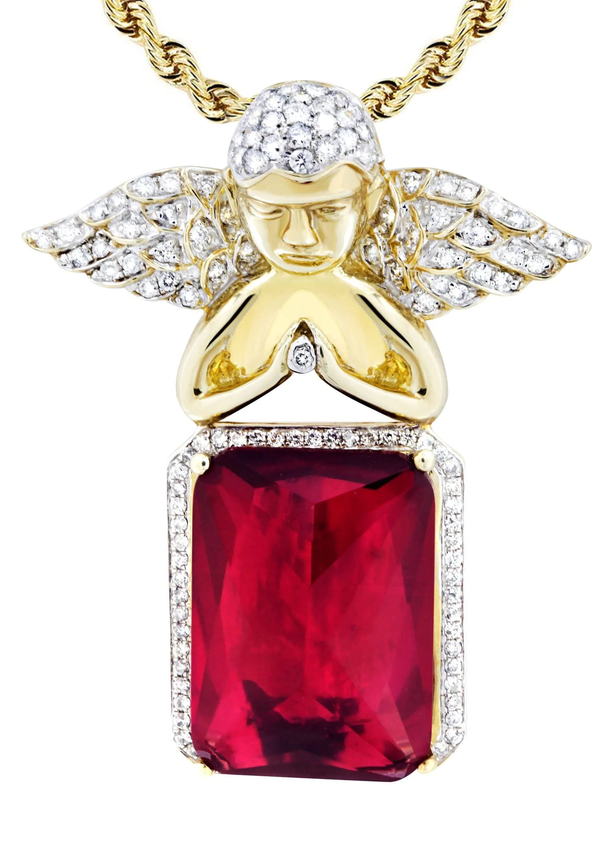 10K Yellow Gold Ruby Angel Diamond Necklace  | 1.6 Carats