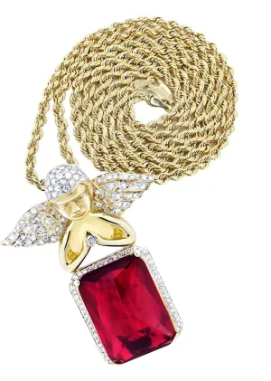 10K Yellow Gold Ruby Angel Diamond Necklace  | 1.6 Carats