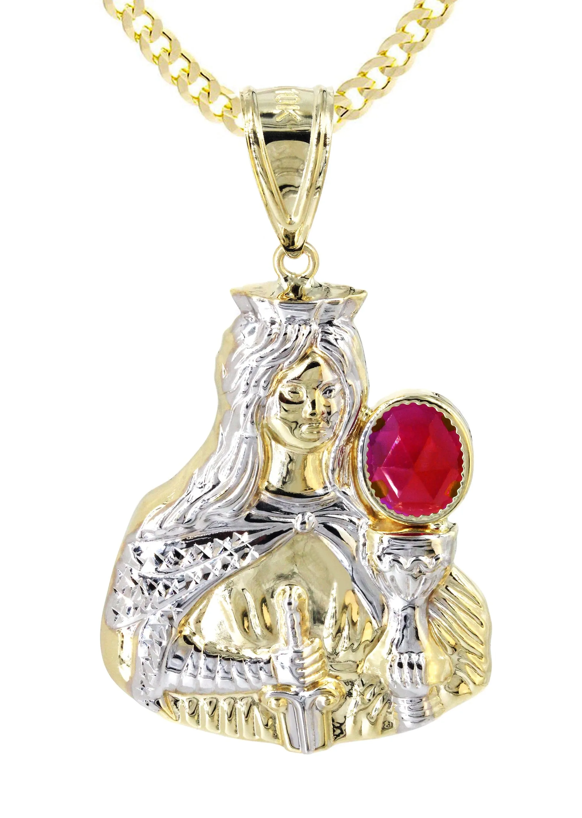 10K Yellow Gold Saint Barbara Necklace with Ruby Stone | Appx. 16.6 Grams