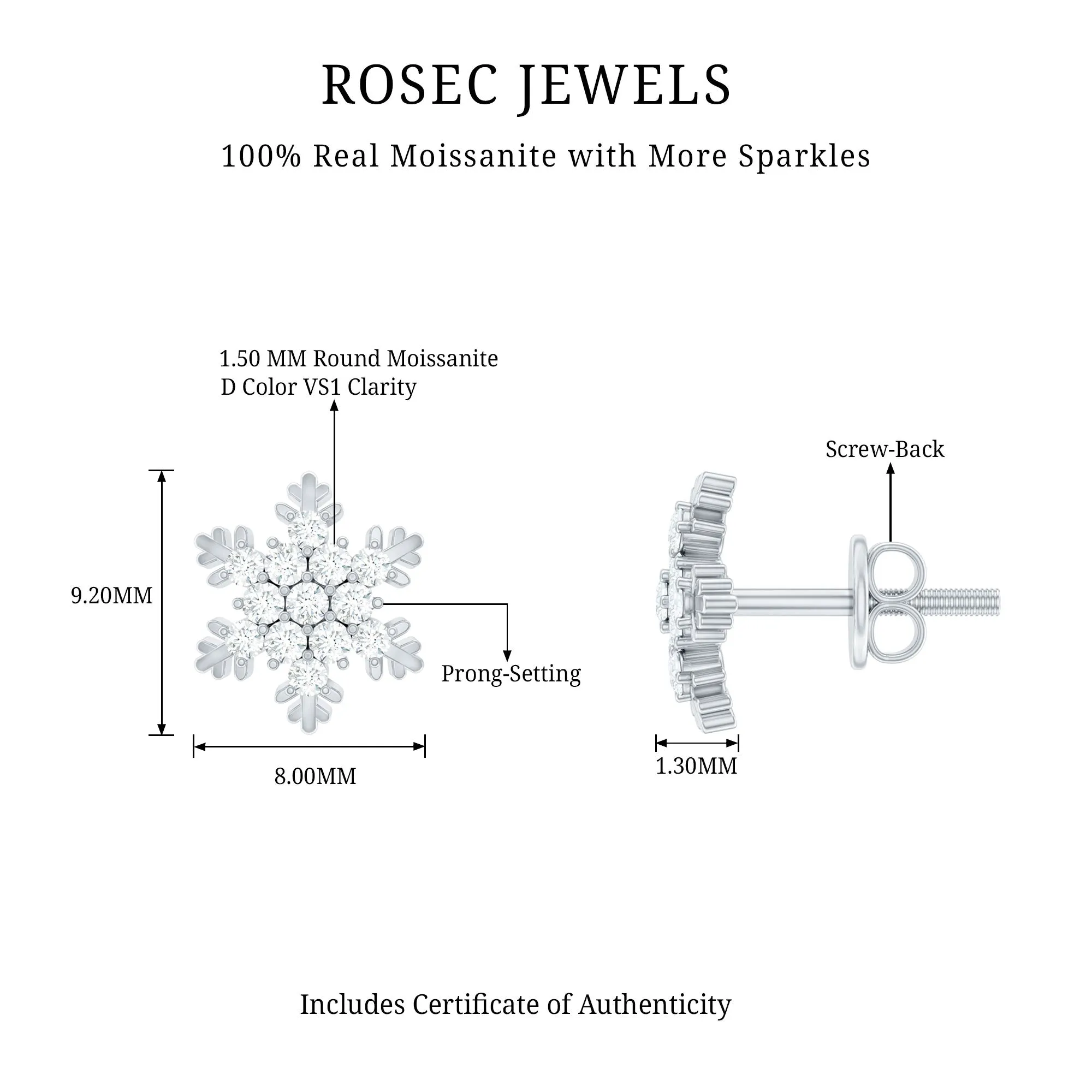 1/2 CT Moissanite Cluster Snowflake Stud Earrings