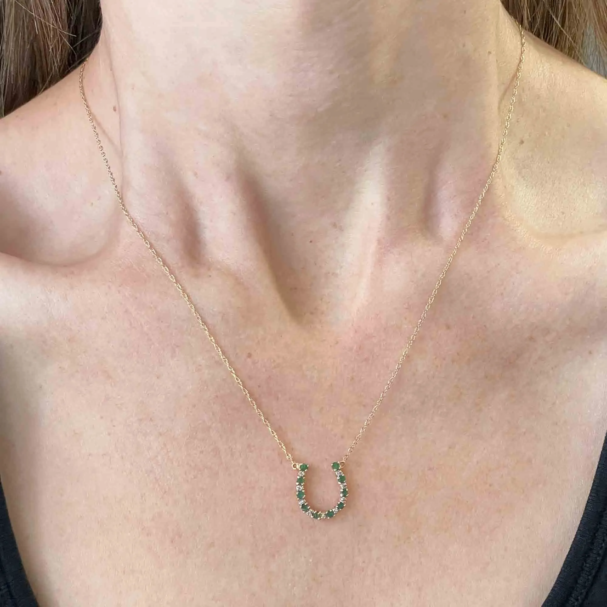 14K Gold Diamond Emerald HorseShoe Pendant Necklace