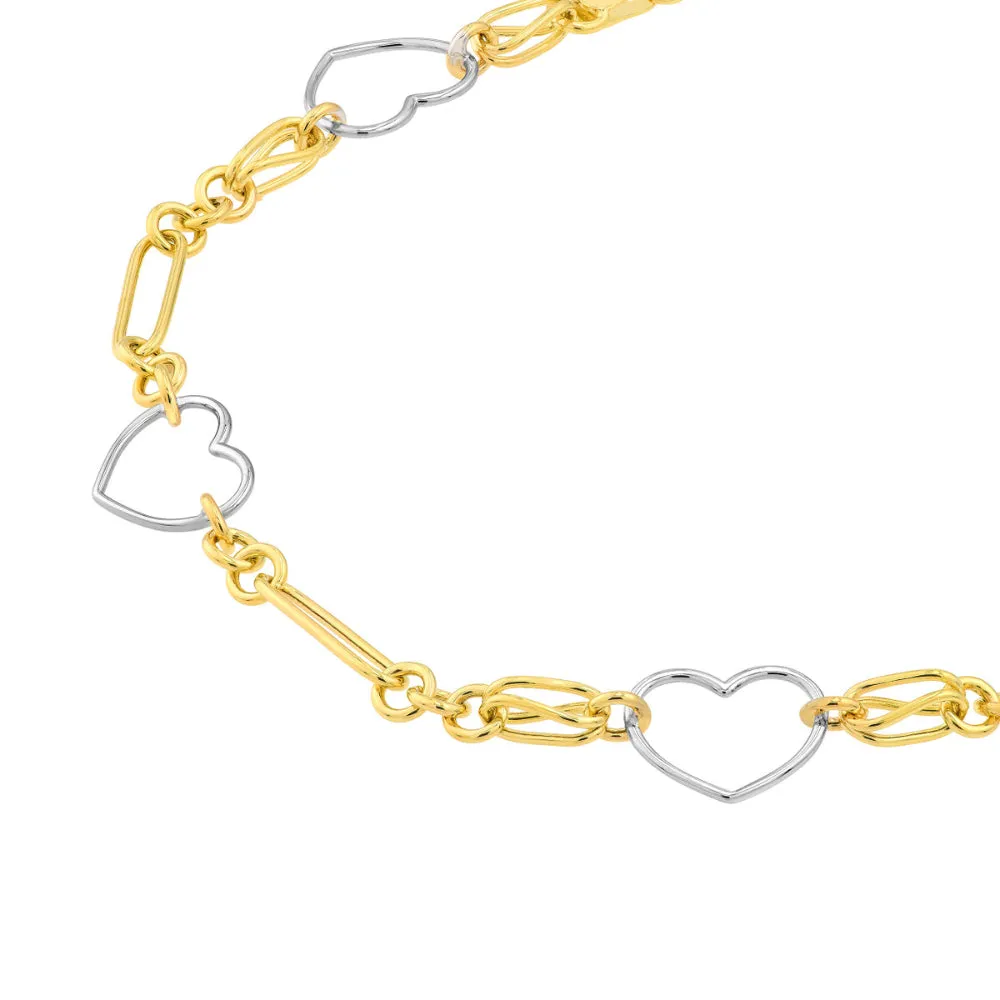 14k Two-Tone Heart and Link Station Bracelet