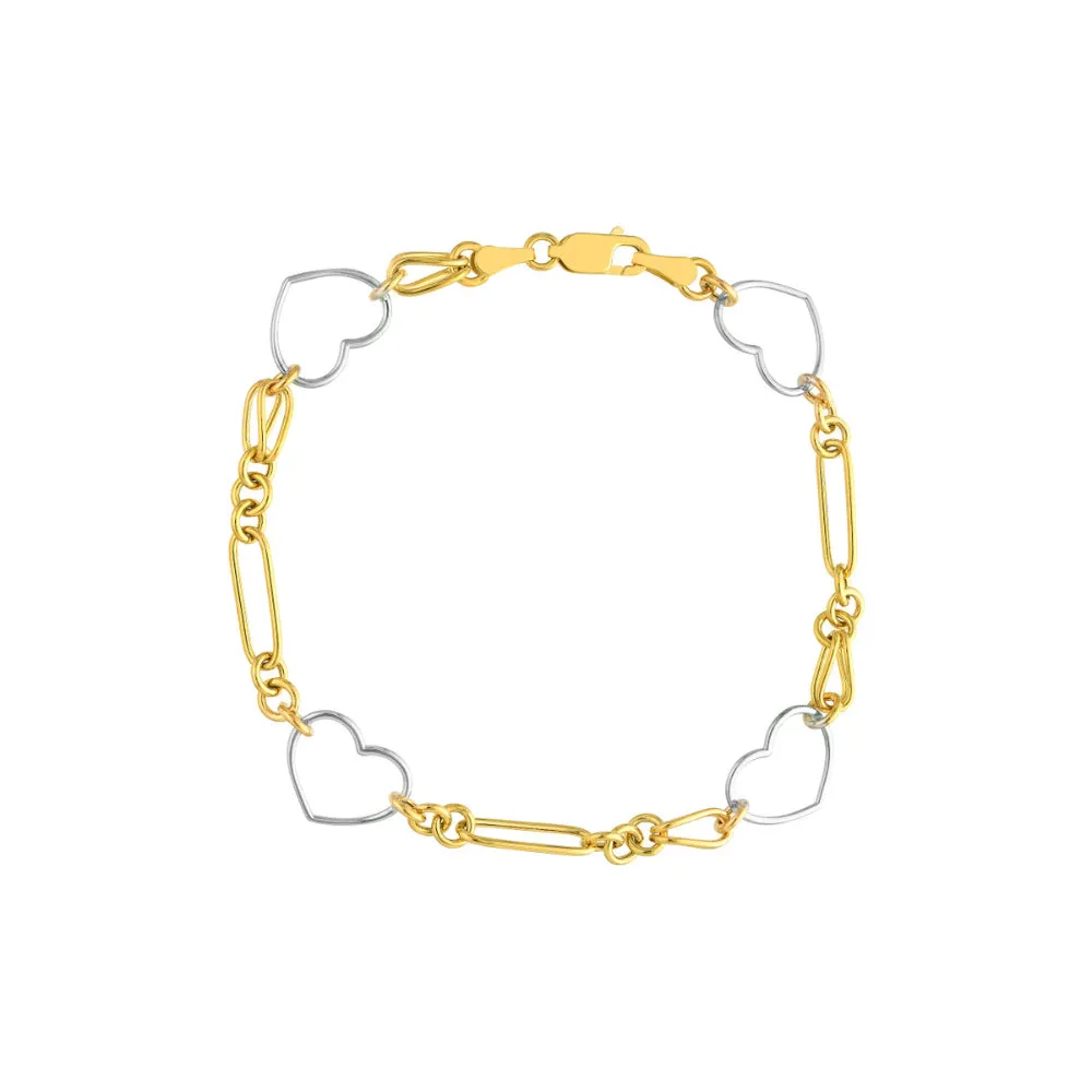 14k Two-Tone Heart and Link Station Bracelet