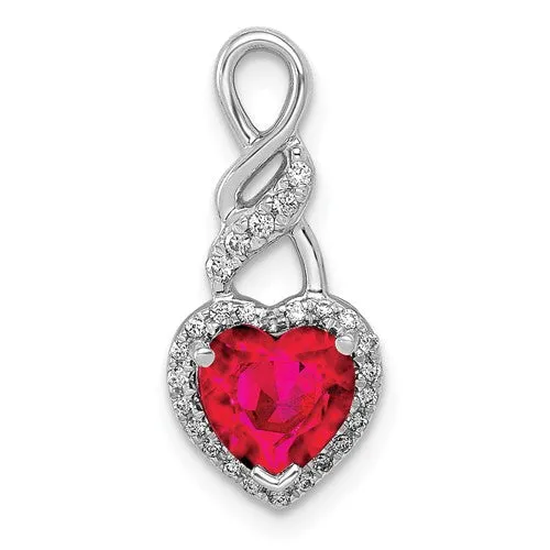 14k White Gold Diamond And Ruby Heart Chain Slide Pendant