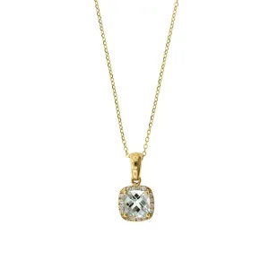 14K Yellow Gold Cushion Aquamarine Diamond Halo Necklace