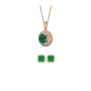 18K Rose Gold 4ct Halo Emerald Round 18 Inch Necklace and Halo Square Earrings Set Plated