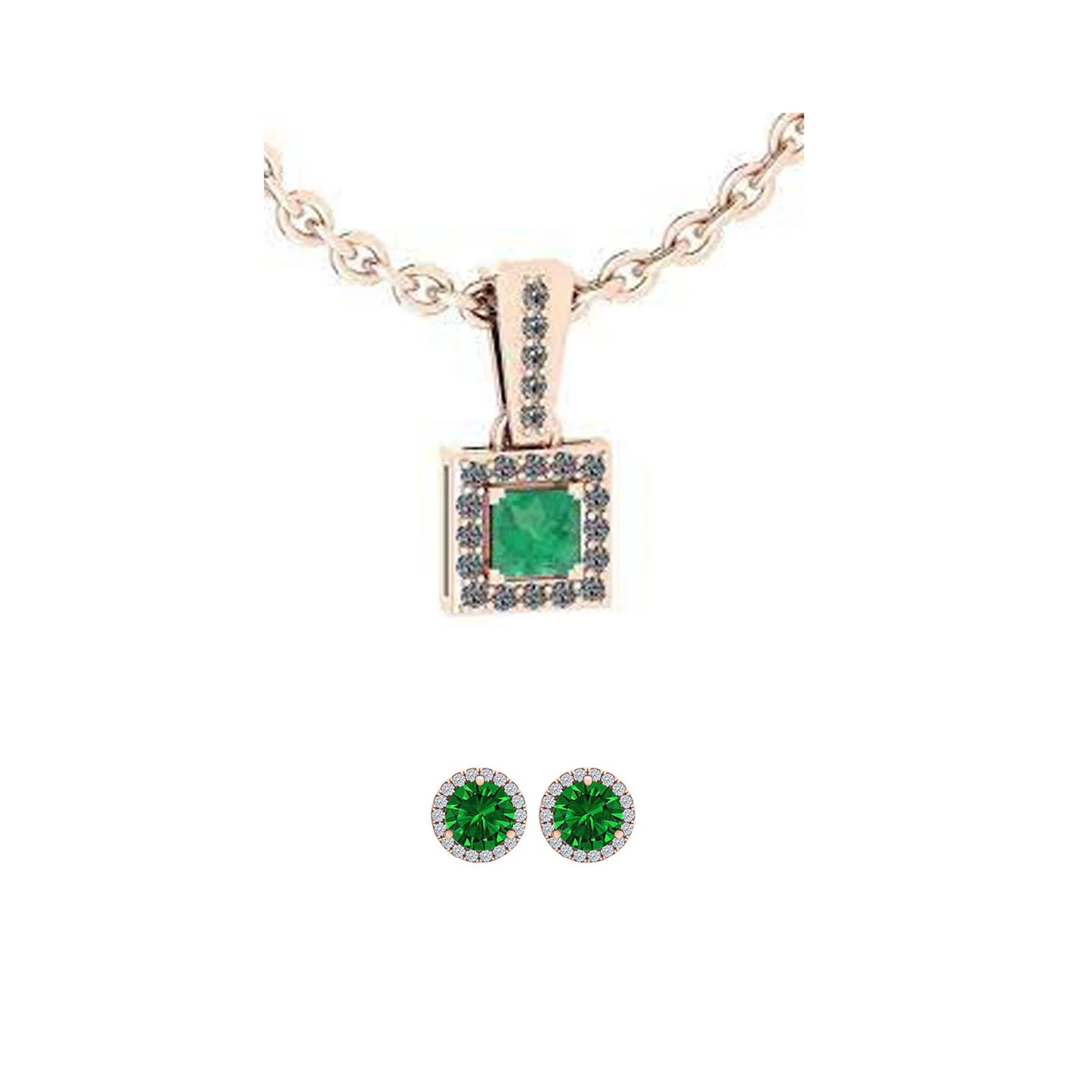 18K Rose Gold 4ct Halo Emerald Square 18 Inch Necklace and Halo Round Earrings Set Plated