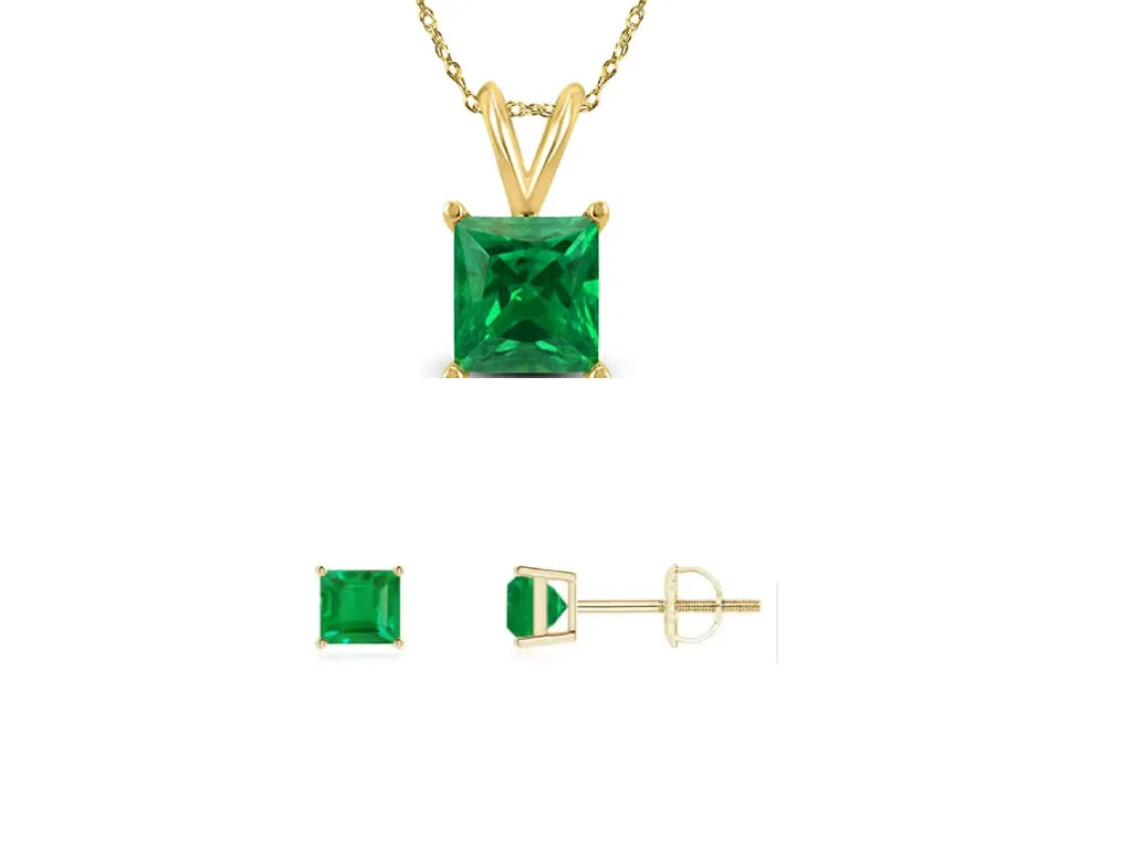 18K Yellow Gold 4ct Emerald Square 18 Inch Necklace and Earrings Set Plated