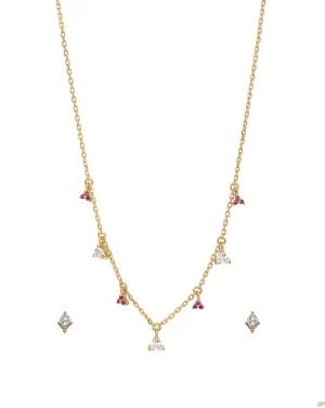 18Kt Gold Plated With Dangling Solitaire Ruby Red Cz Studded Necklace With Earring Set For Women