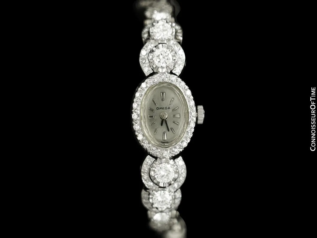 1960's Vintage Ladies Watch with Omega Movement - 14K White Gold and 3.5 Carats of Diamonds