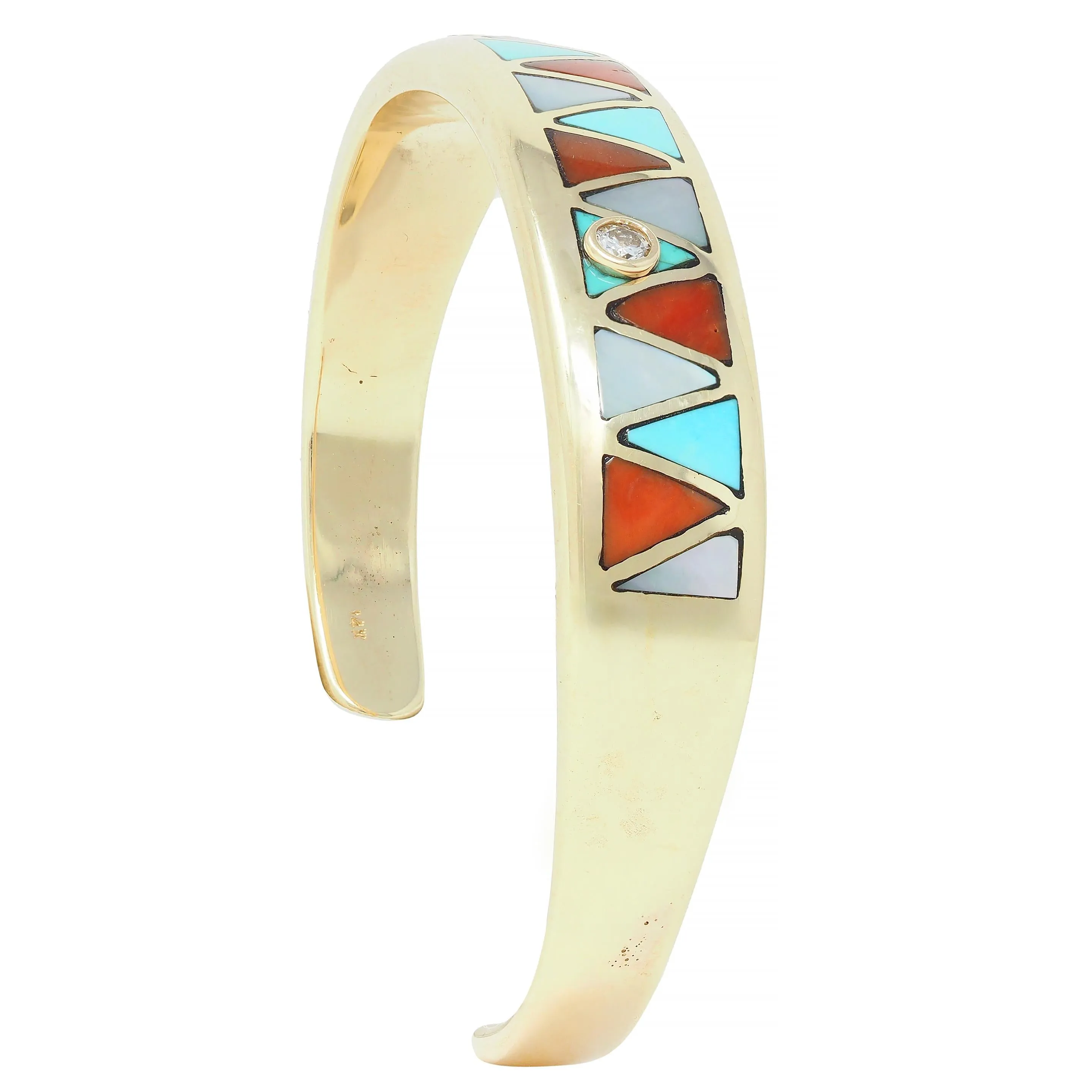 1970's Diamond Turquoise Carnelian Mother-Of-Pearl 14K Gold Inlay Vintage Cuff Bracelet