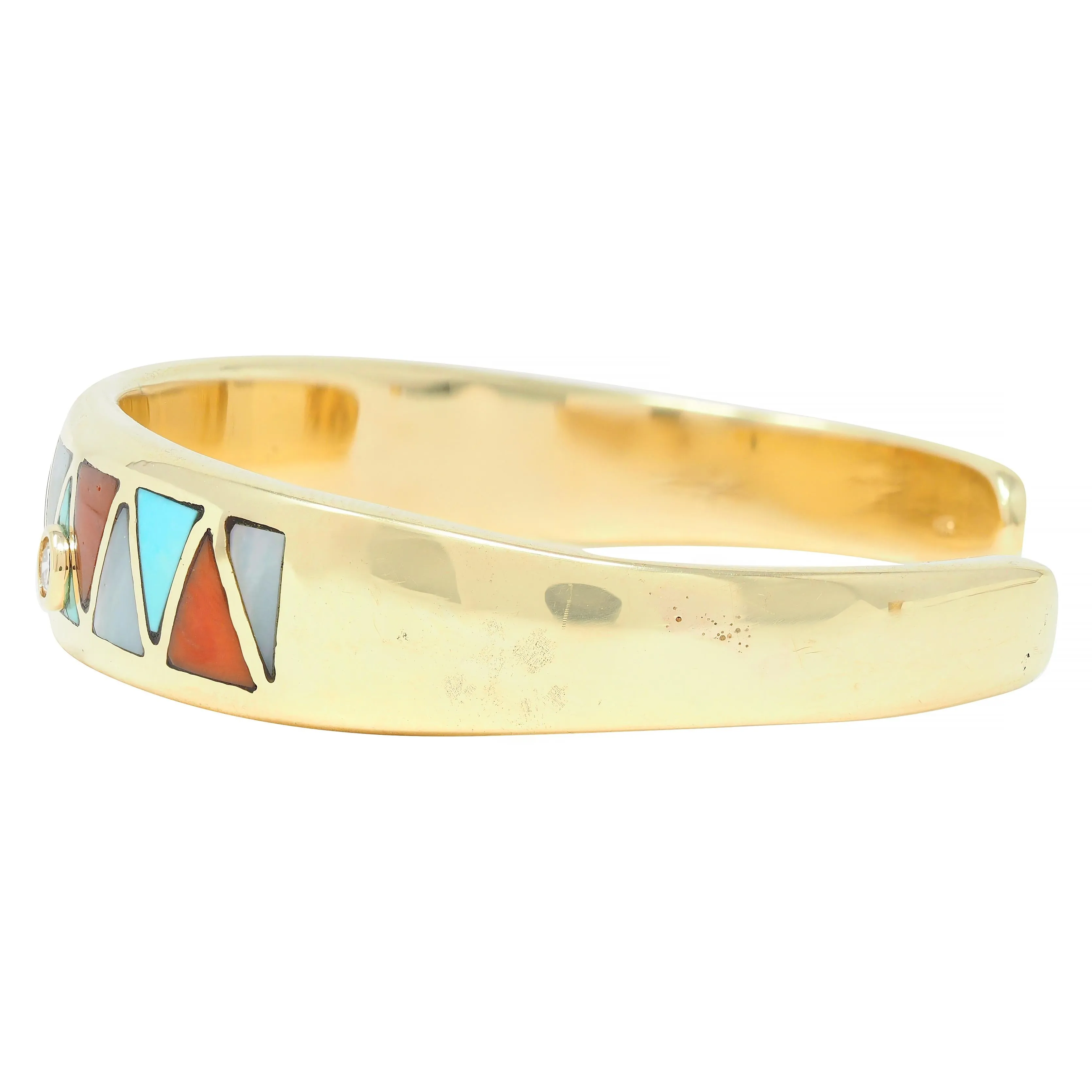 1970's Diamond Turquoise Carnelian Mother-Of-Pearl 14K Gold Inlay Vintage Cuff Bracelet