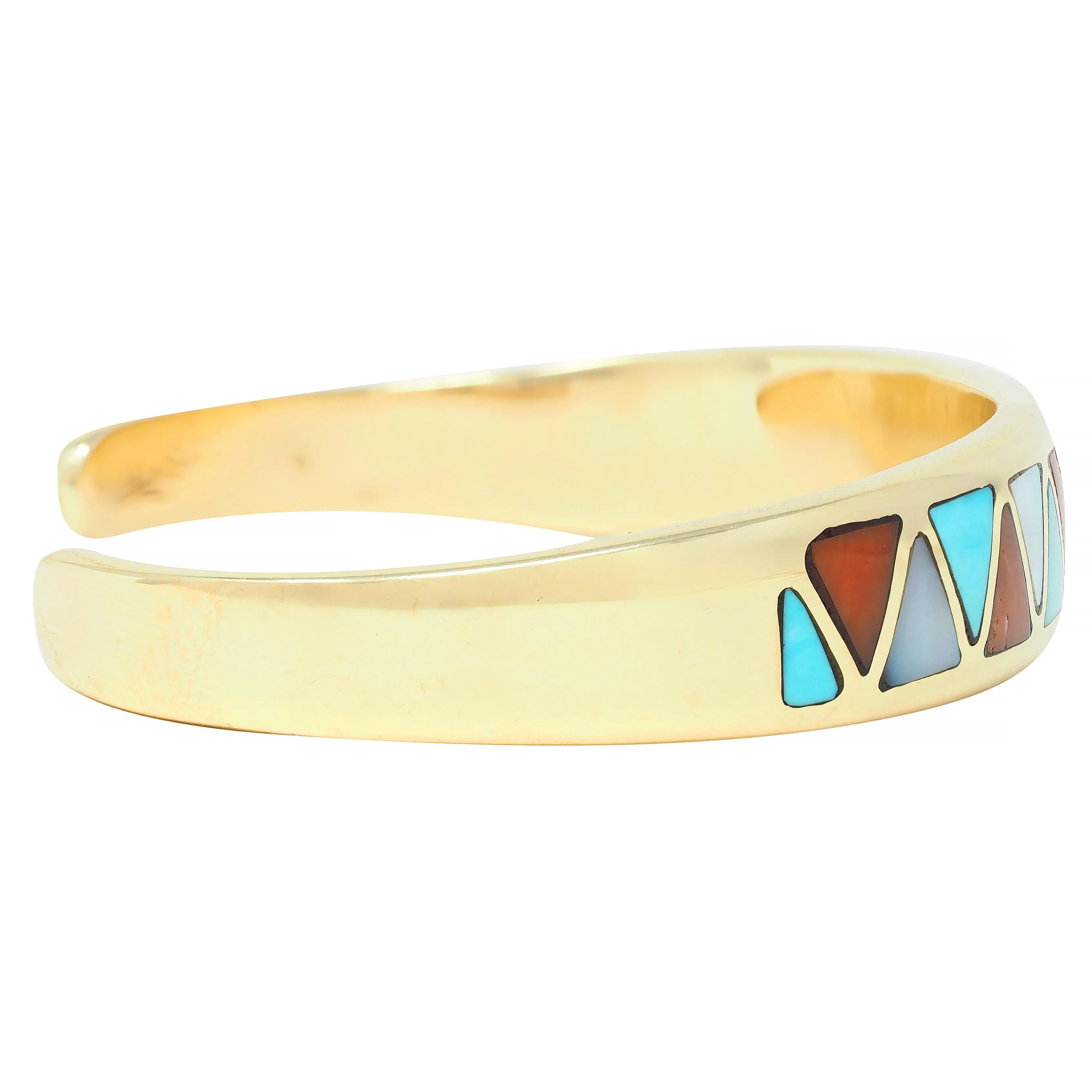 1970's Diamond Turquoise Carnelian Mother-Of-Pearl 14K Gold Inlay Vintage Cuff Bracelet