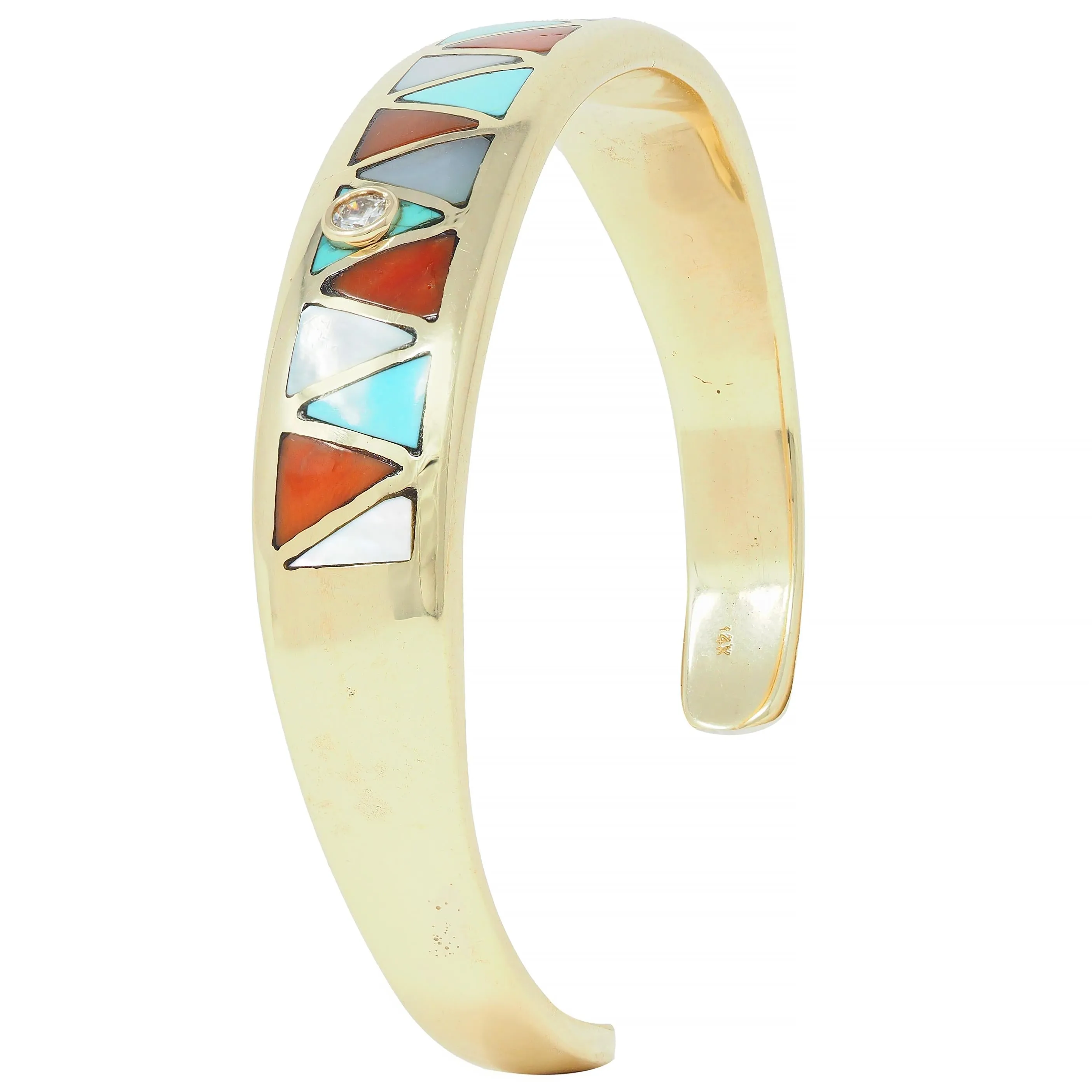 1970's Diamond Turquoise Carnelian Mother-Of-Pearl 14K Gold Inlay Vintage Cuff Bracelet