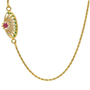 22K Yellow Gold Fancy Chain W/ Rubies, Emeralds, CZ Gems & Ornate Side Pendant