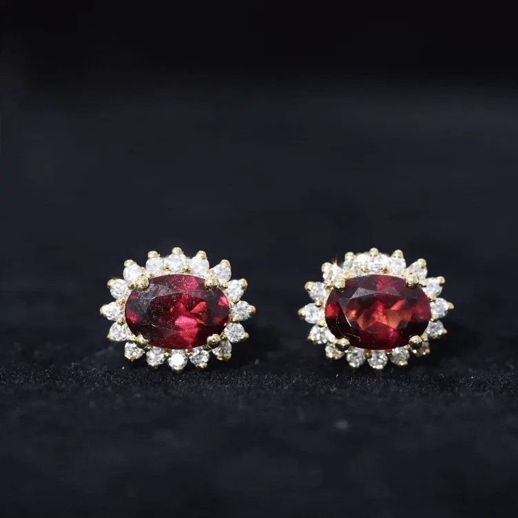 2.5 CT Oval Cut Rhodolite Statement Stud Earrings with Diamond Halo