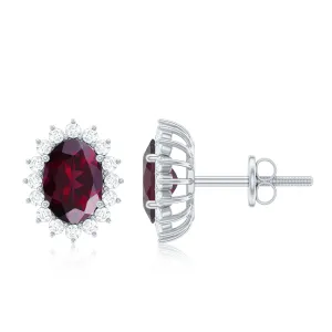 2.5 CT Oval Cut Rhodolite Statement Stud Earrings with Diamond Halo