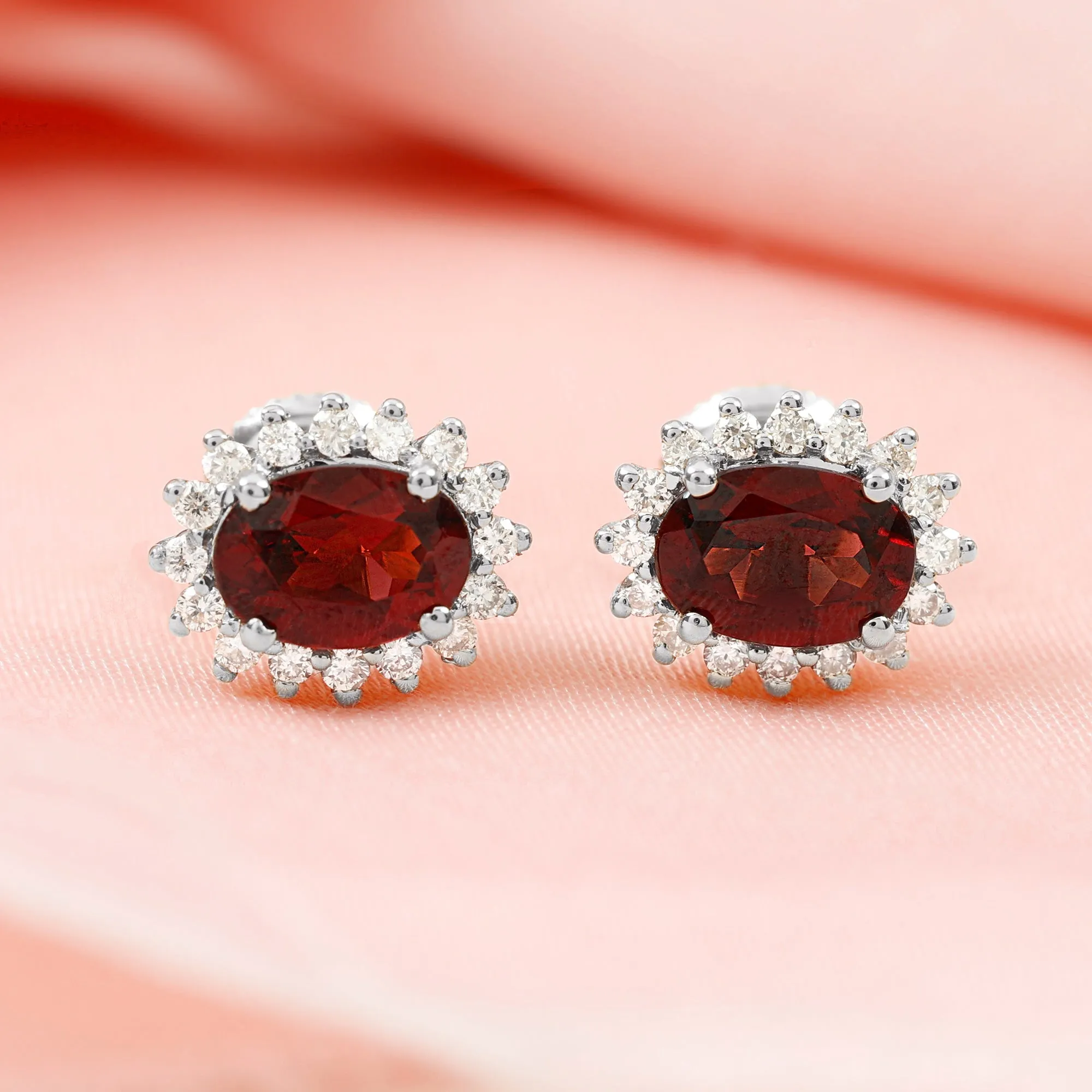 2.5 CT Oval Cut Rhodolite Statement Stud Earrings with Diamond Halo