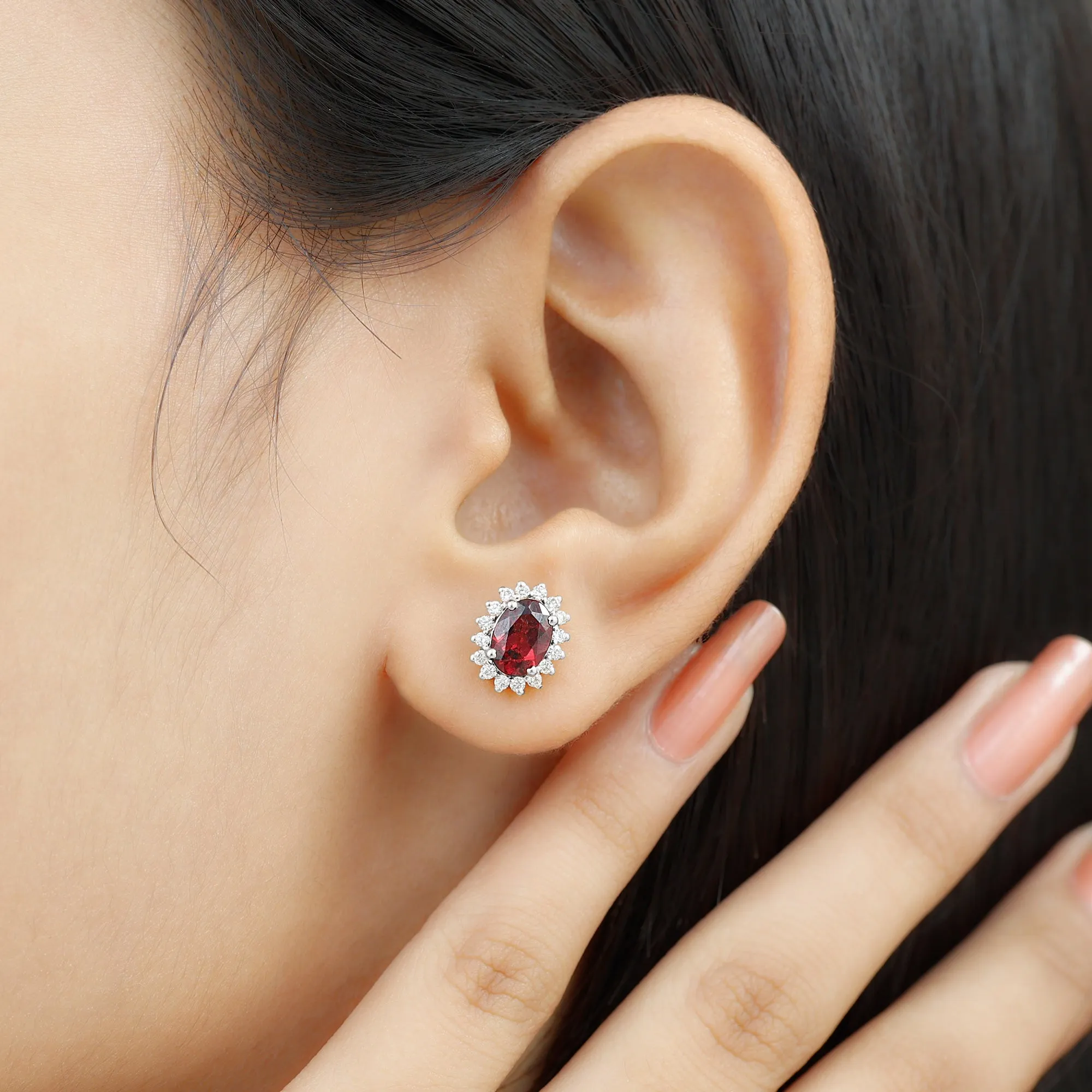 2.5 CT Oval Cut Rhodolite Statement Stud Earrings with Diamond Halo