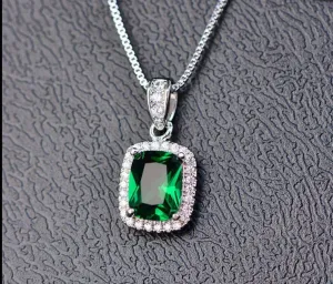 925 Sterling Silver Emerald Gemstone Birthstone White Gold Pendant Necklace Jewelry