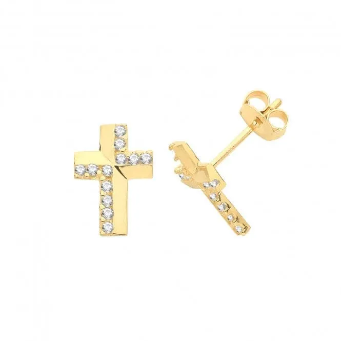 9ct Yellow Gold Cross Stud Earrings with Zirconia Details ES1601