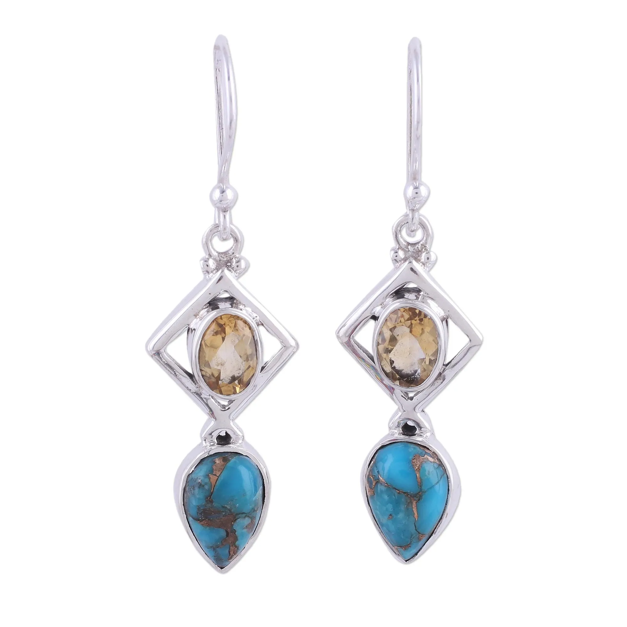 Alluring Combination Citrine and Composite Turquoise Earrings from India