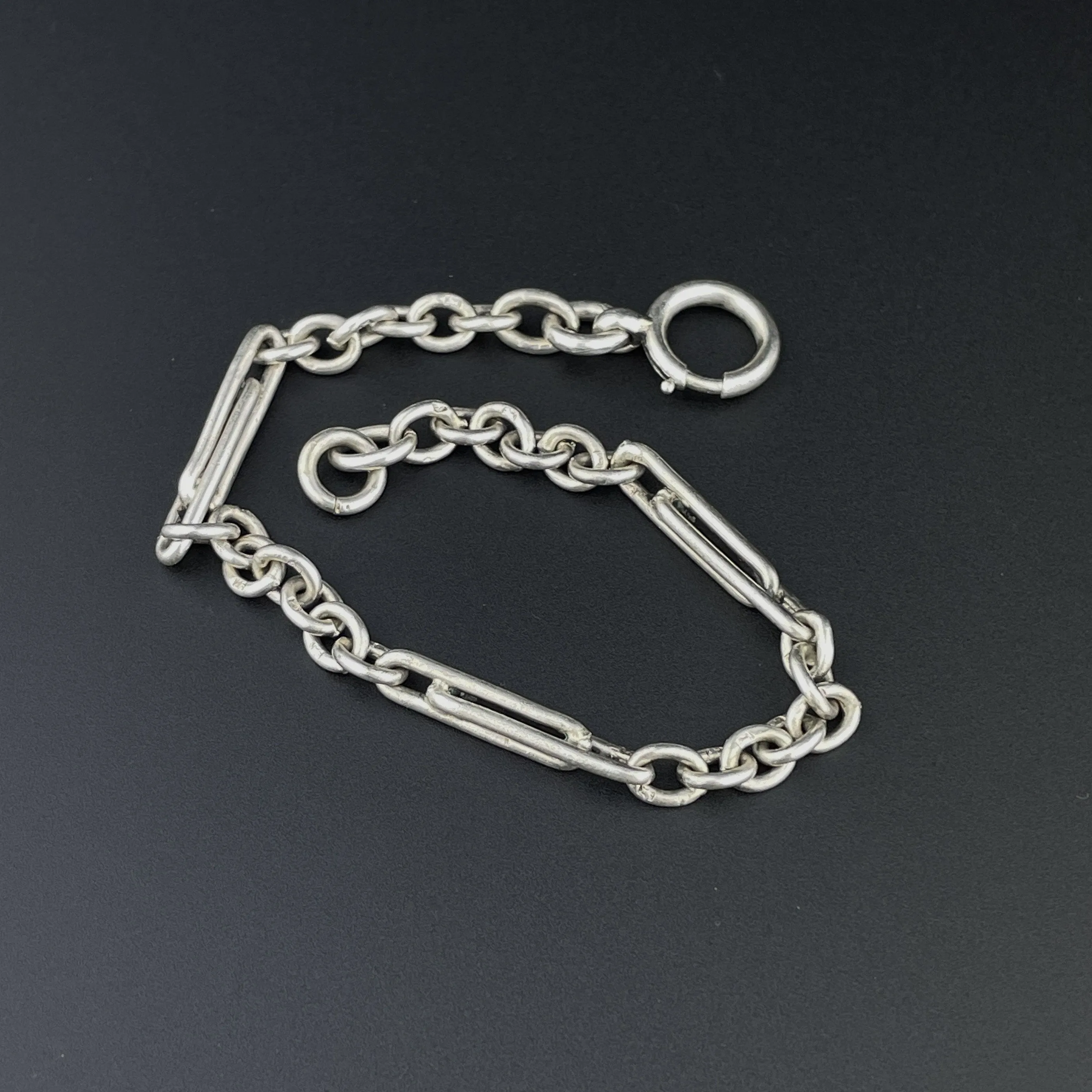 Antique Trombone Link Silver Watch Chain Bracelet