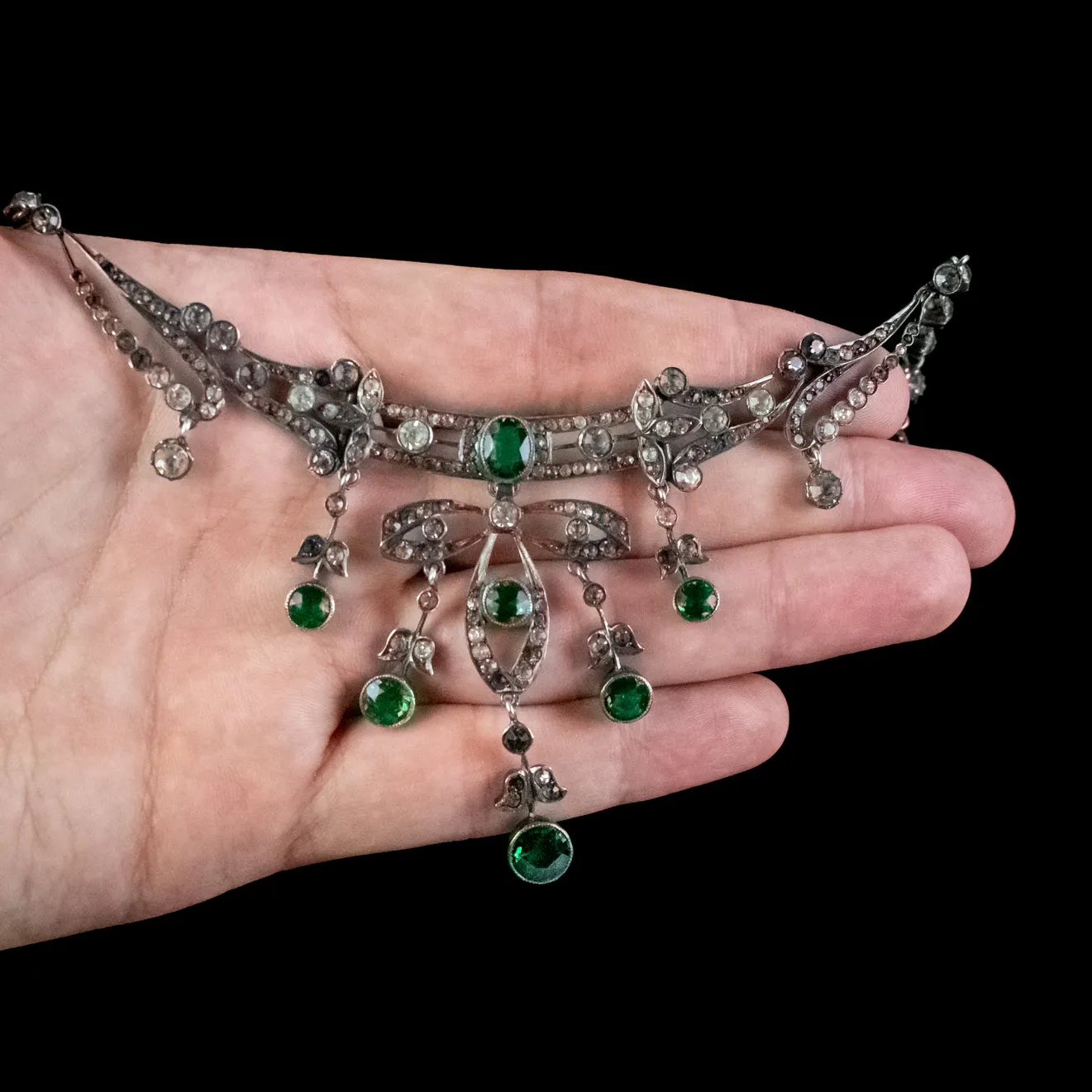 Antique Victorian Art Nouveau Green Paste Choker Necklace Silver