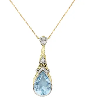 Art Deco Aquamarine Diamond Platinum 14 Karat Yellow Gold Pendant Station Necklace