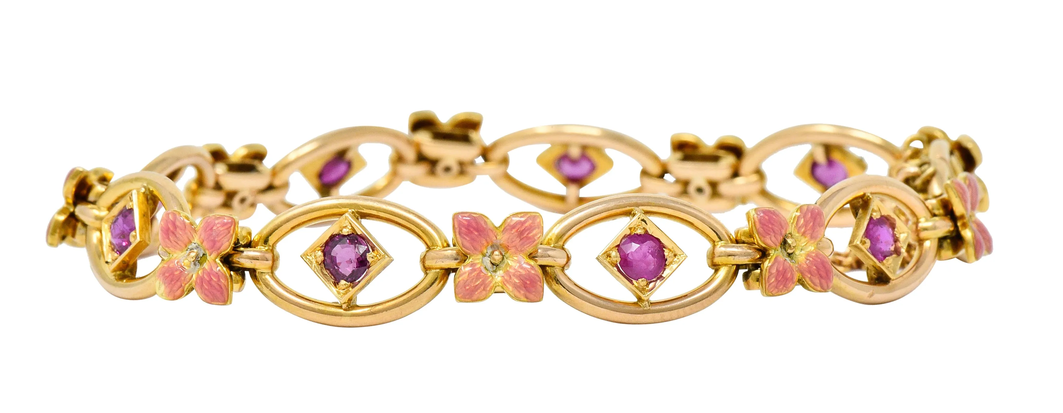 Art Nouveau Ruby Enamel 18 Karat Gold Flower Link Bracelet