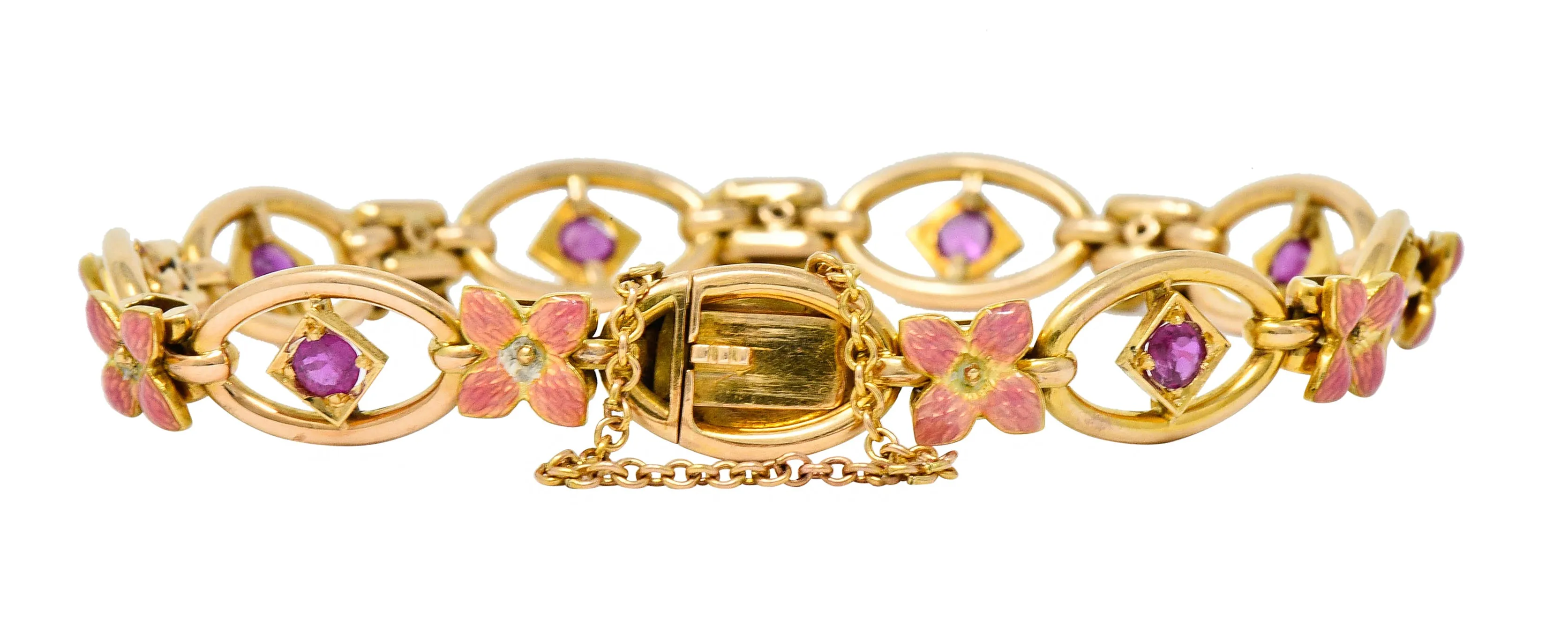 Art Nouveau Ruby Enamel 18 Karat Gold Flower Link Bracelet