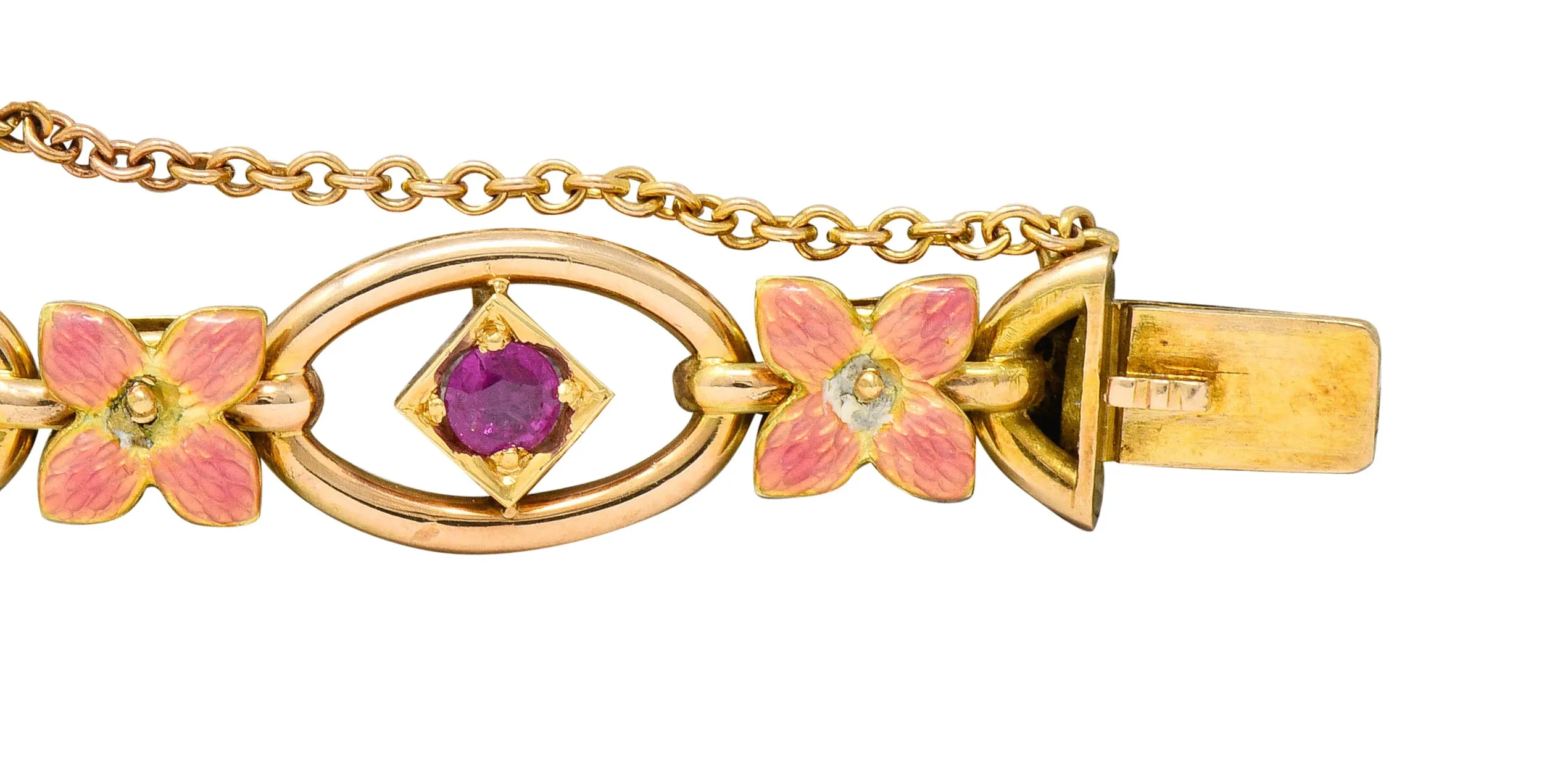 Art Nouveau Ruby Enamel 18 Karat Gold Flower Link Bracelet