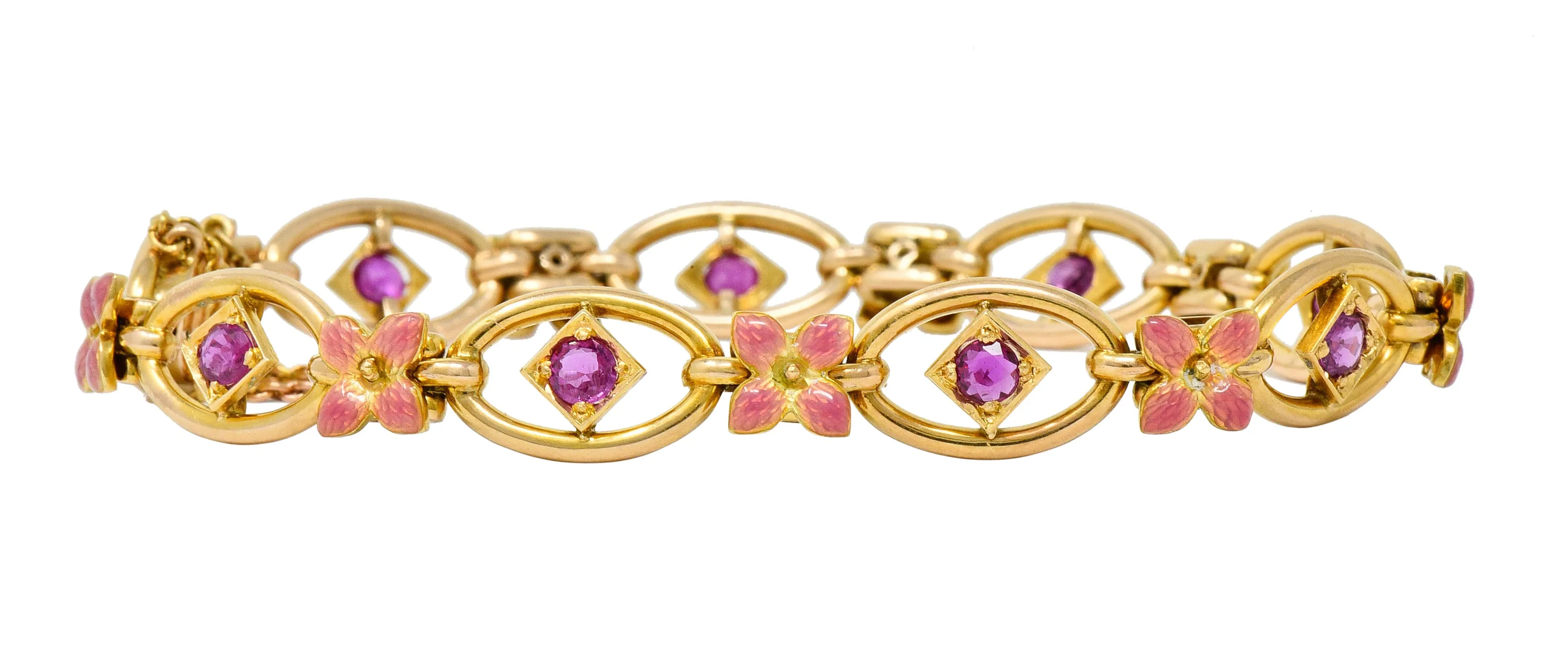 Art Nouveau Ruby Enamel 18 Karat Gold Flower Link Bracelet