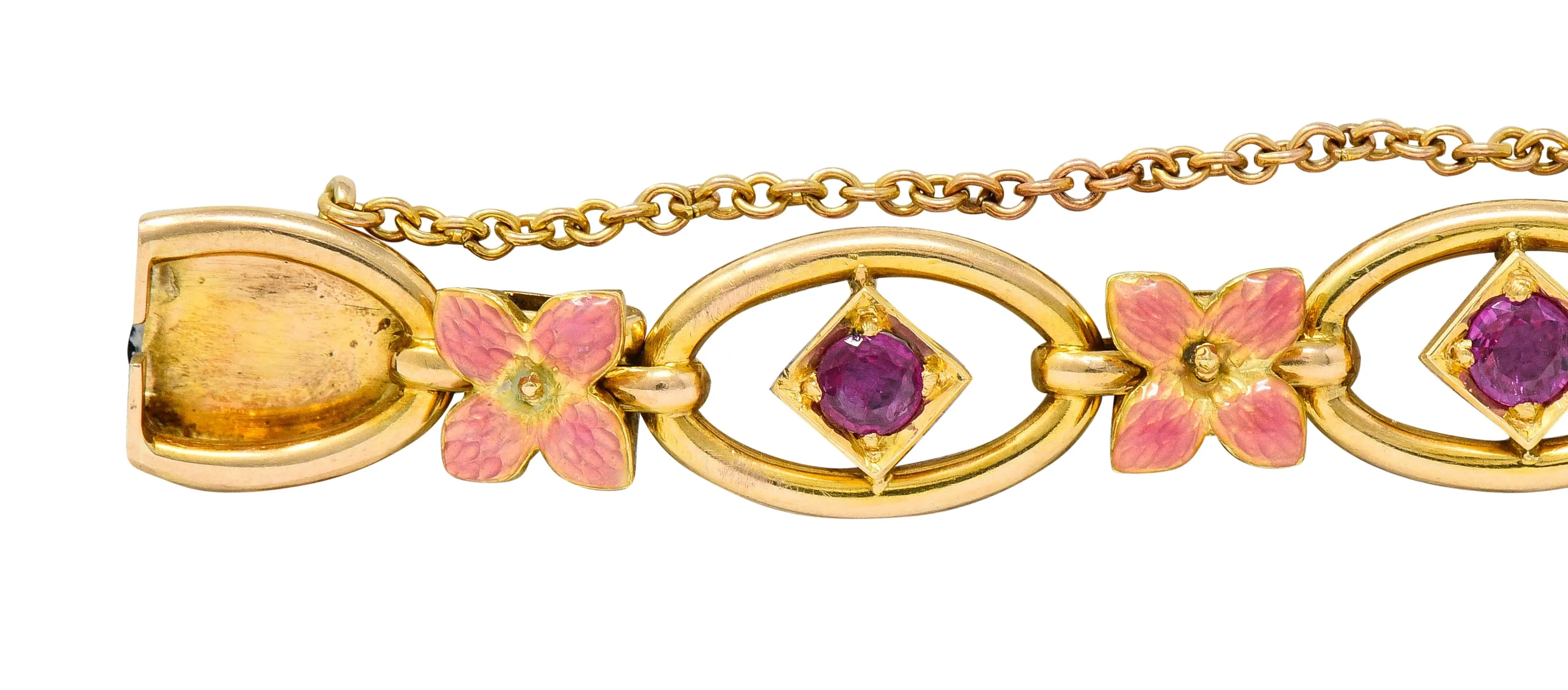 Art Nouveau Ruby Enamel 18 Karat Gold Flower Link Bracelet