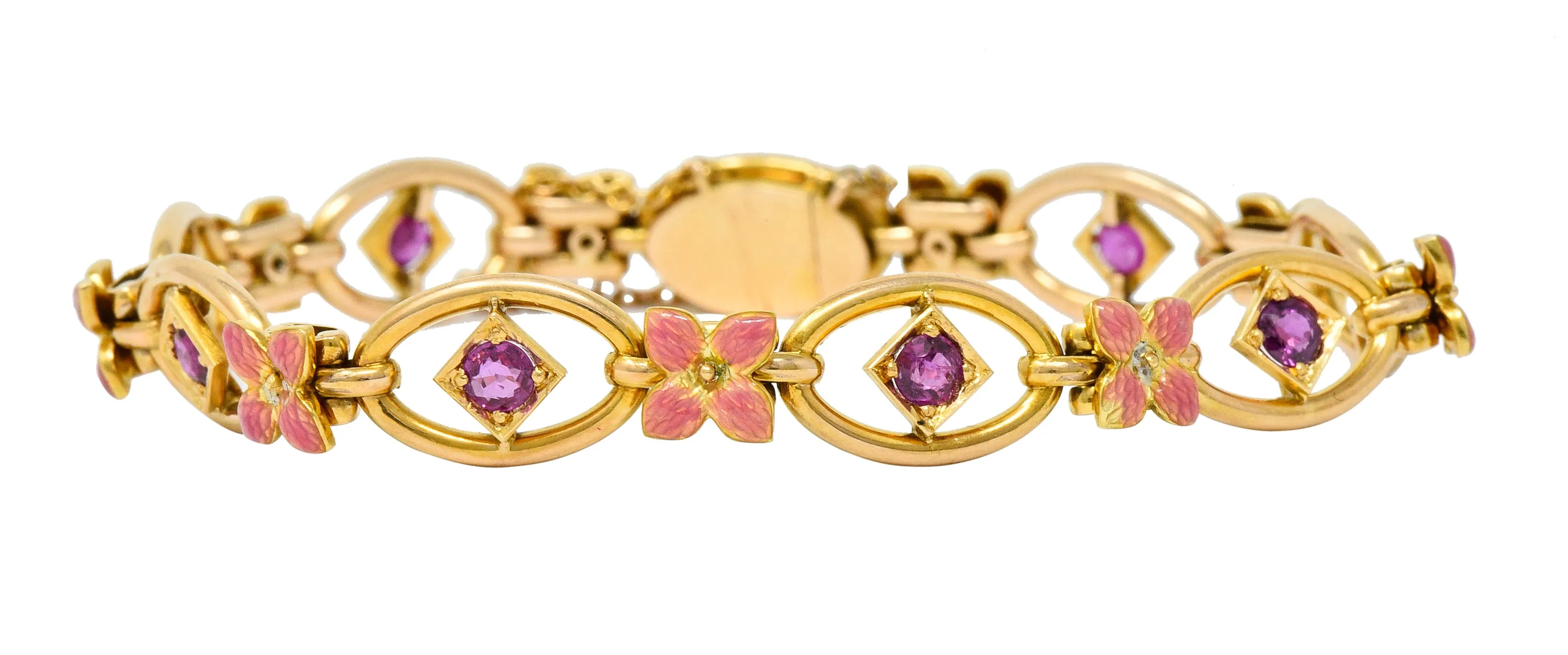 Art Nouveau Ruby Enamel 18 Karat Gold Flower Link Bracelet