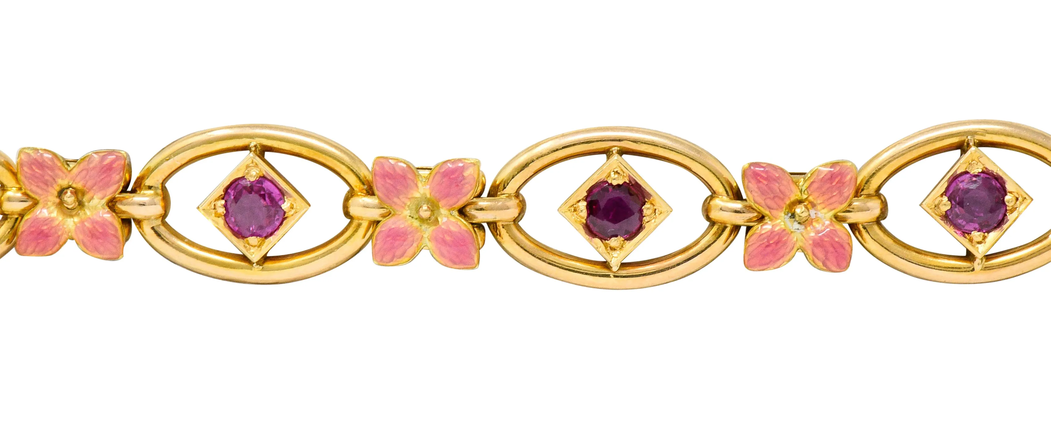 Art Nouveau Ruby Enamel 18 Karat Gold Flower Link Bracelet