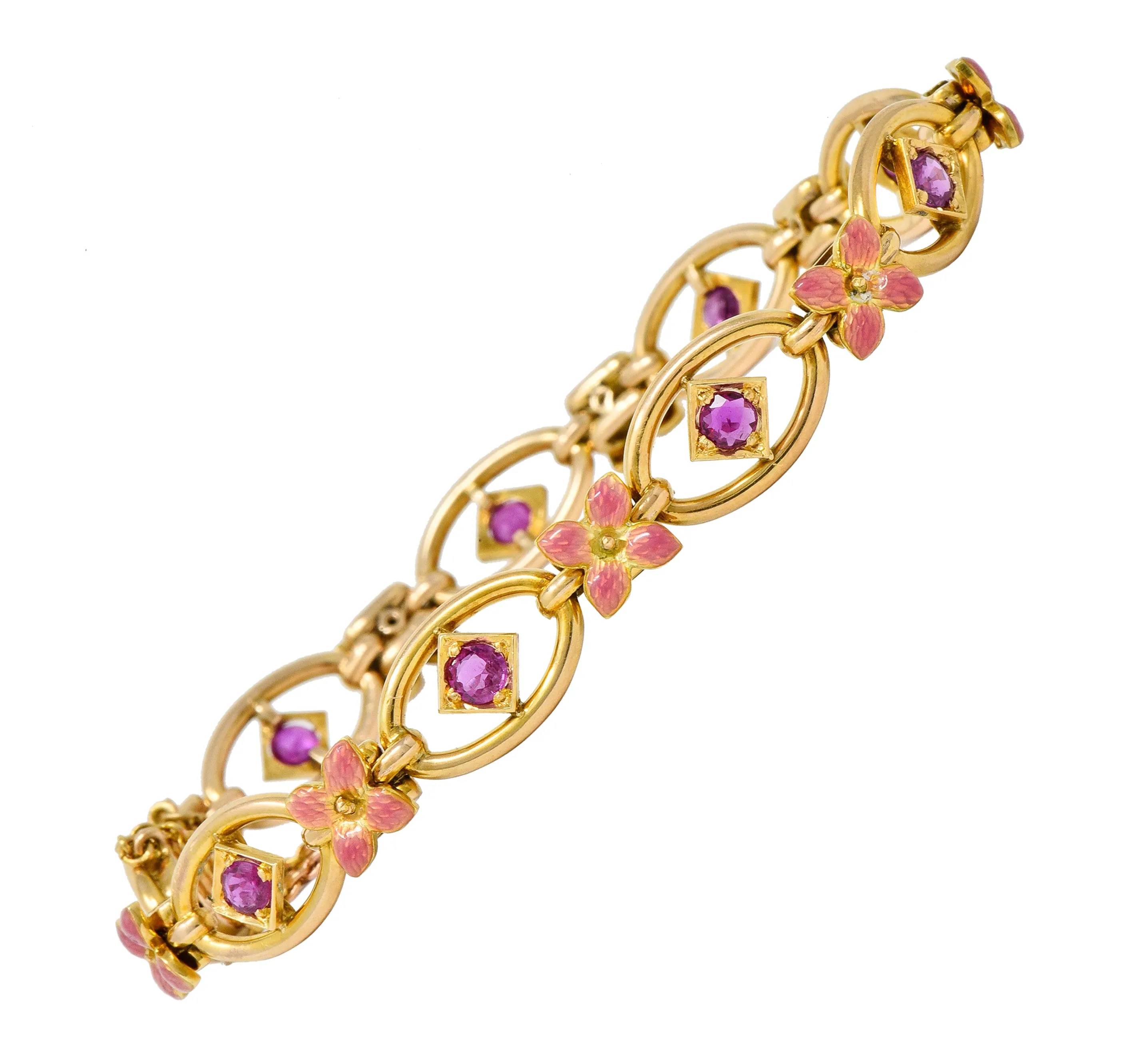 Art Nouveau Ruby Enamel 18 Karat Gold Flower Link Bracelet