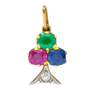 Art Nouveau Sapphire Ruby Diamond Platinum-Topped 18 Karat Gold Clover Charm