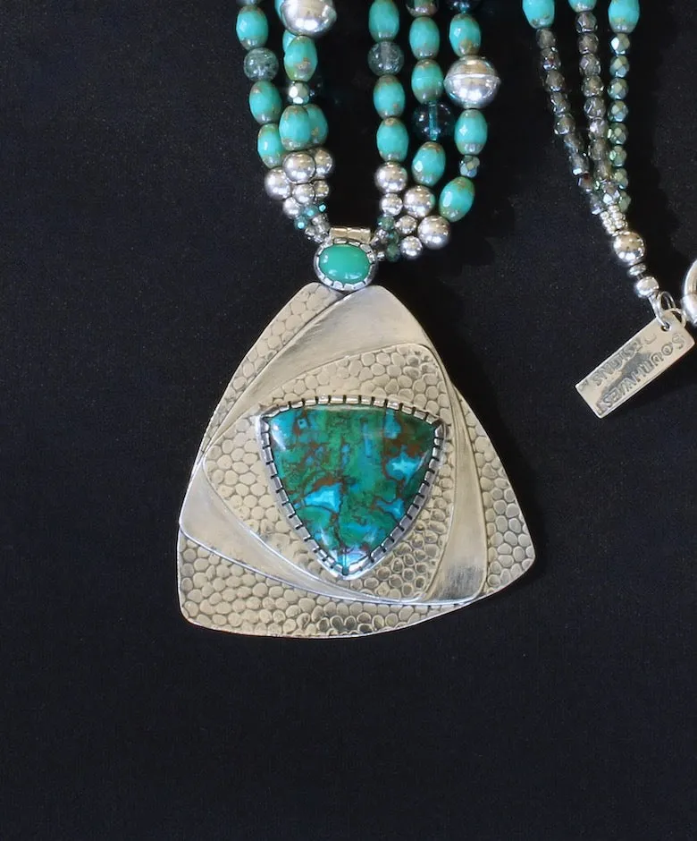 Australian Chrysocolla, Chrysoprase and Sterling Silver Roller-Printed Pendant with 3 Strands of Mixed Czech Glass, Rutilated Quartz and Sterling Silver