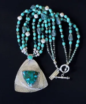 Australian Chrysocolla, Chrysoprase and Sterling Silver Roller-Printed Pendant with 3 Strands of Mixed Czech Glass, Rutilated Quartz and Sterling Silver