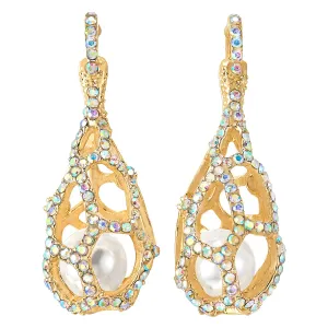 Banquet Rainbow Rhinestones Cluster Hollow Teardrop Large Dangle Gold Color Earrings Synthetic Pearl