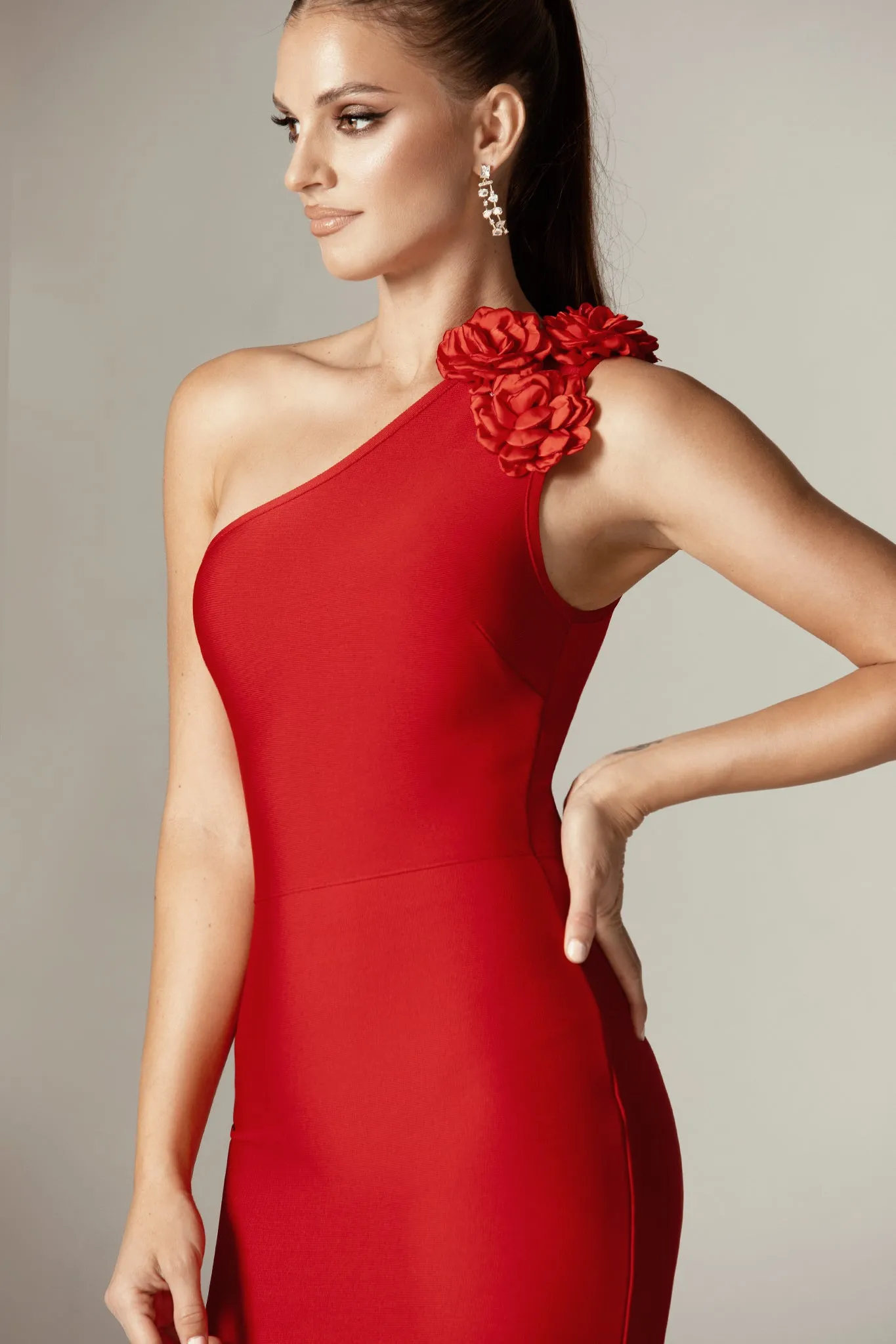 Beatrice 3D Flowers Midi Bandage Dress (Ruby)