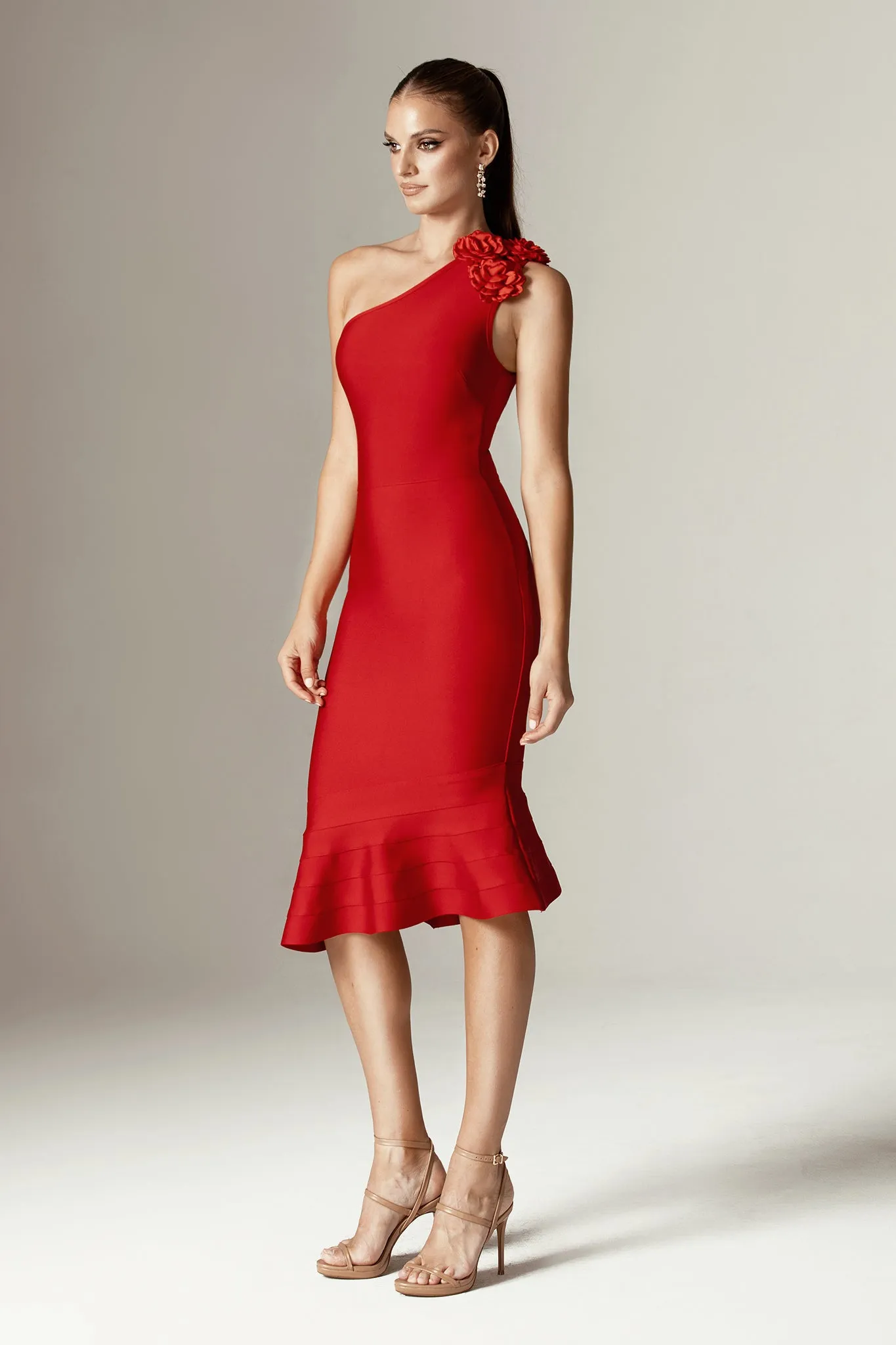 Beatrice 3D Flowers Midi Bandage Dress (Ruby)