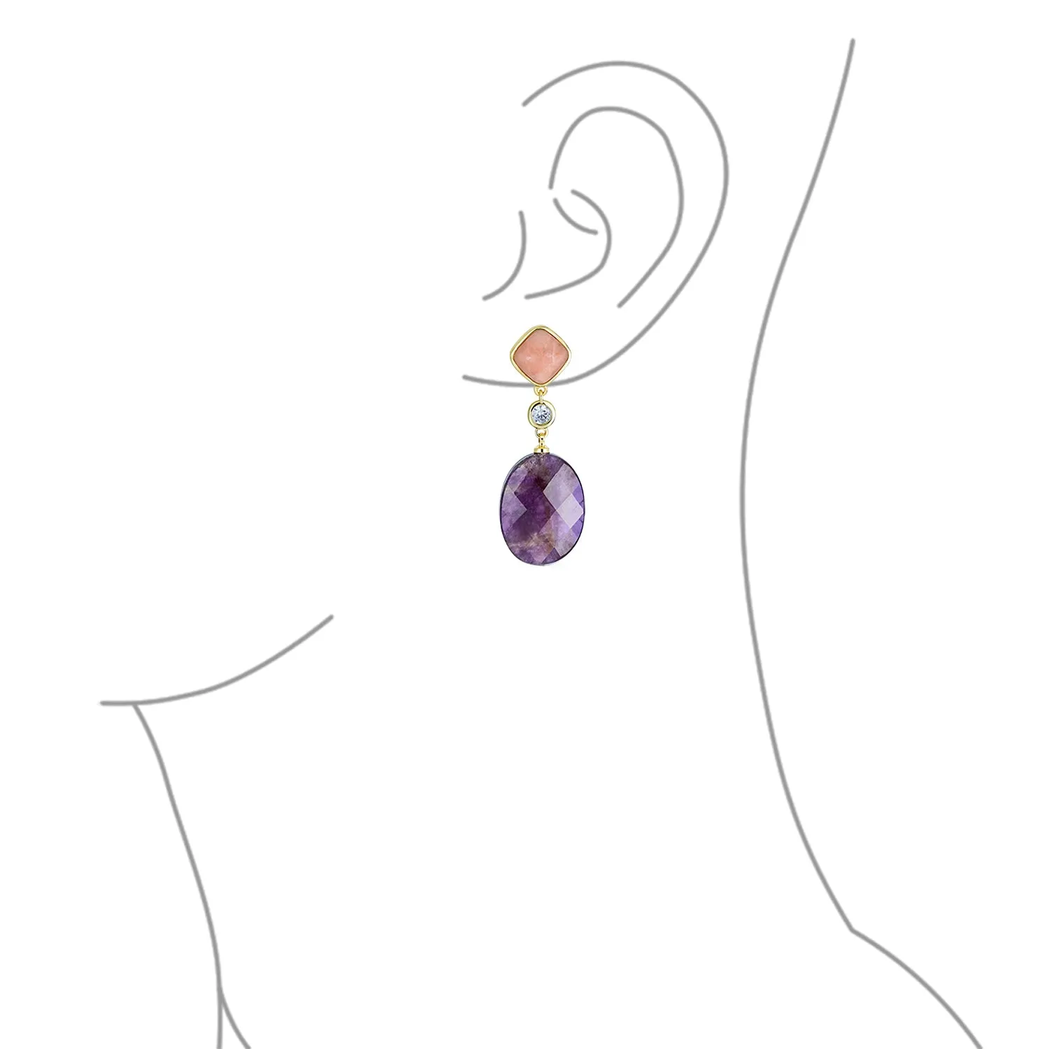 Big Geometric Gemstone Purple Amethyst Long Dangle Earrings Rose Gold