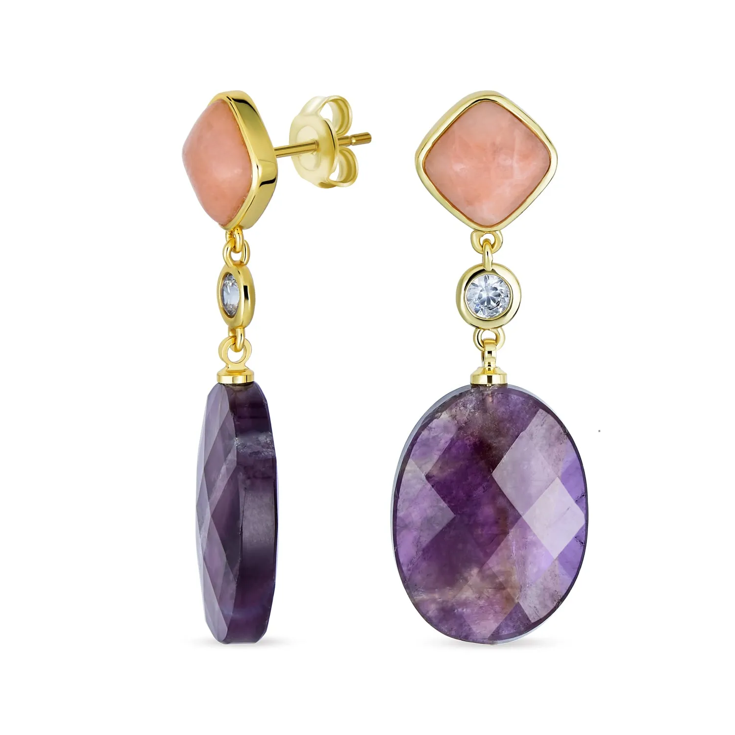 Big Geometric Gemstone Purple Amethyst Long Dangle Earrings Rose Gold