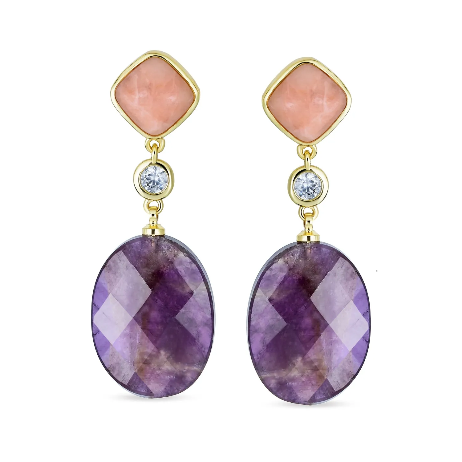 Big Geometric Gemstone Purple Amethyst Long Dangle Earrings Rose Gold