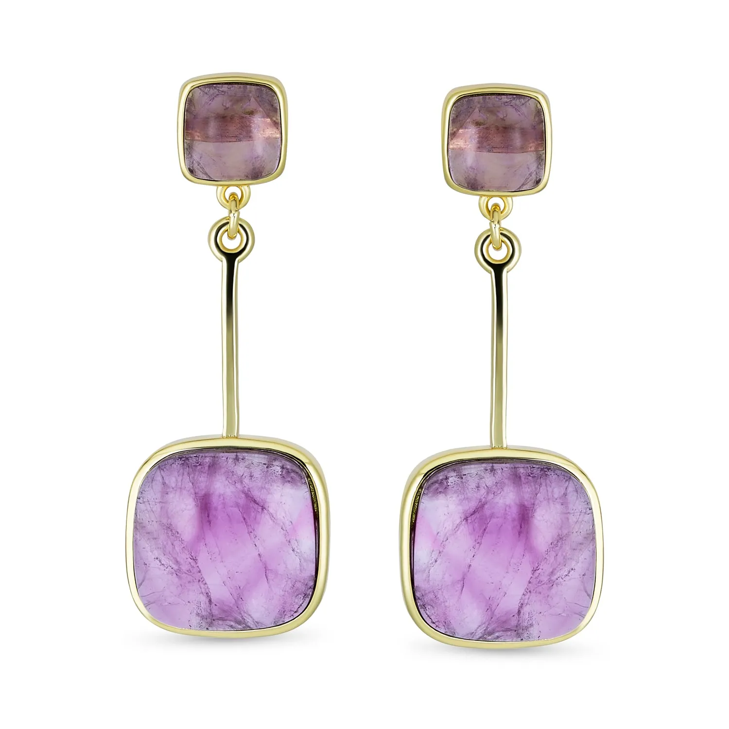 Big Geometric Gemstone Purple Amethyst Long Dangle Earrings Rose Gold