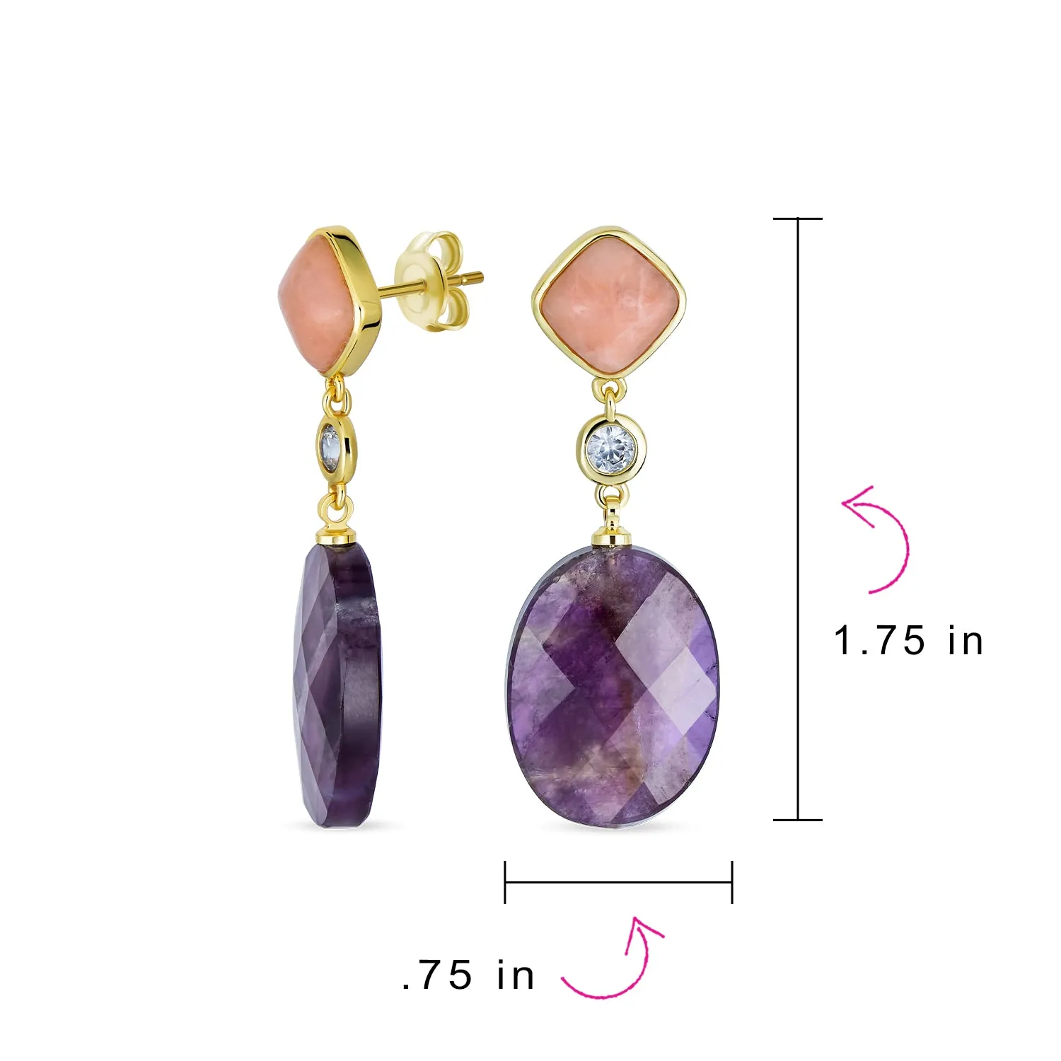 Big Geometric Gemstone Purple Amethyst Long Dangle Earrings Rose Gold