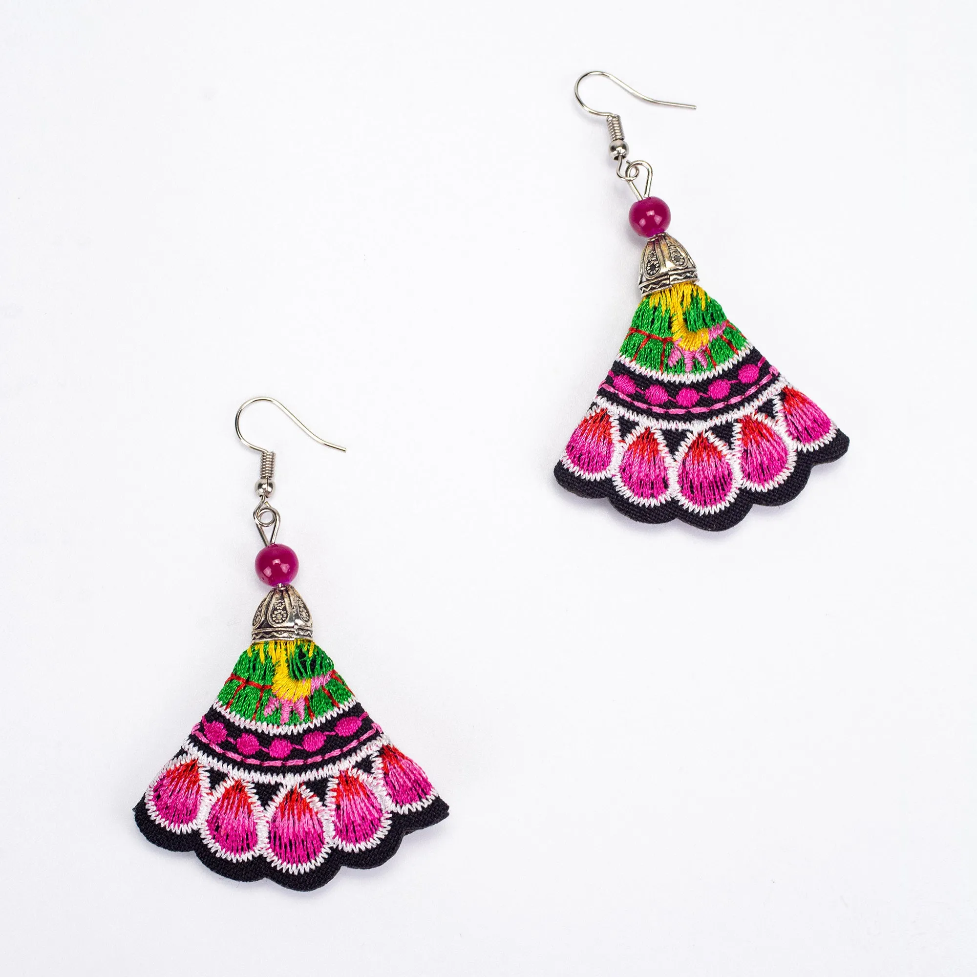 Black Pink Hill Tribe Embroidery Earrings