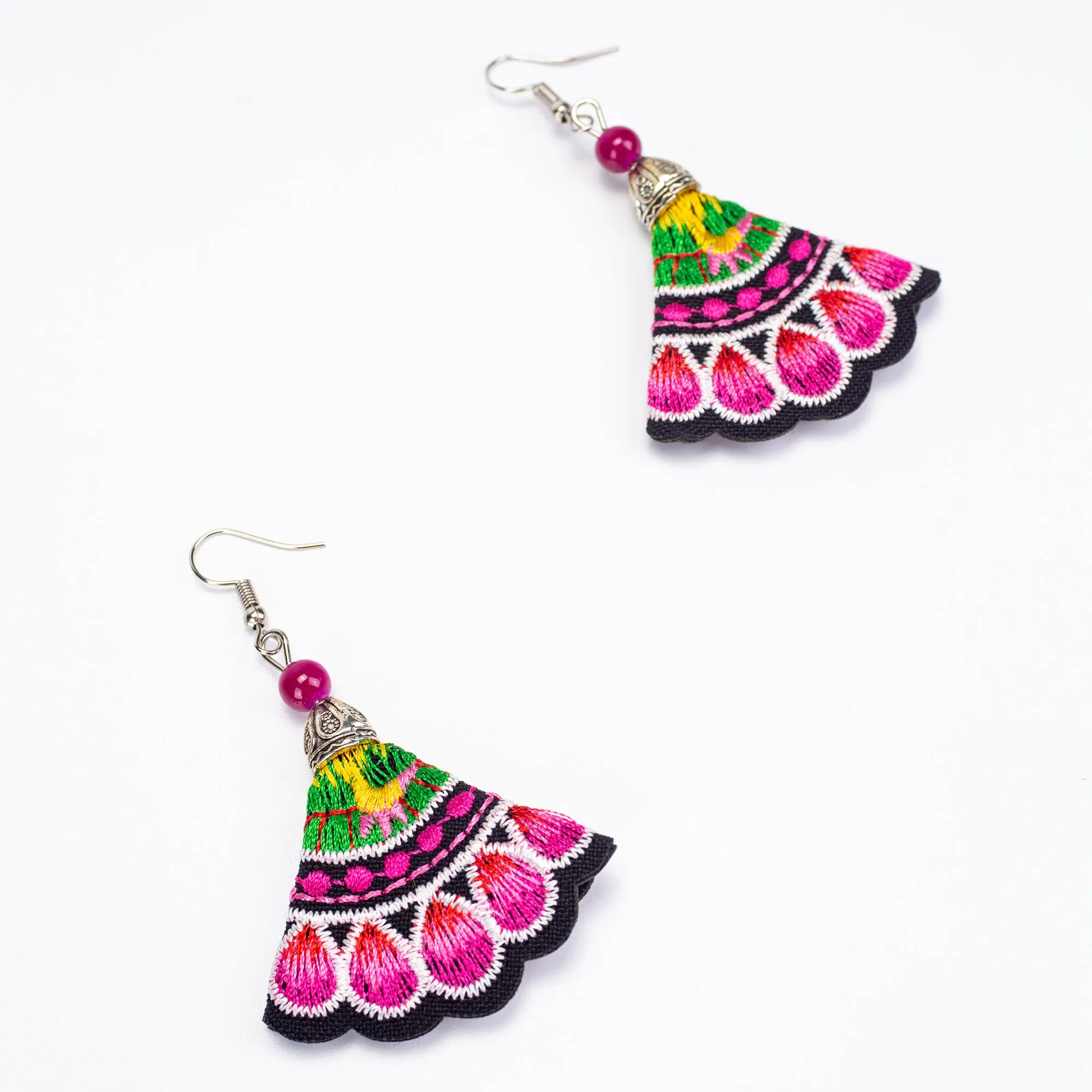 Black Pink Hill Tribe Embroidery Earrings